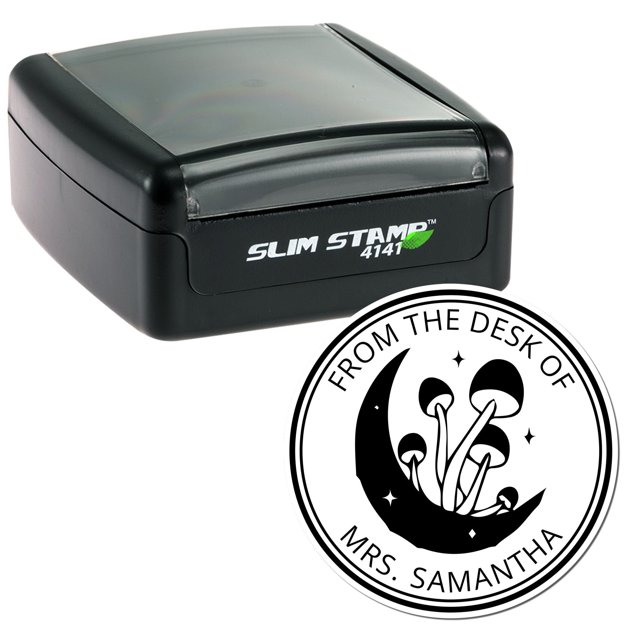 Black Slim Stamp 4141 self-inking stamp with gray top and round custom desk seal for Mrs. Samantha.