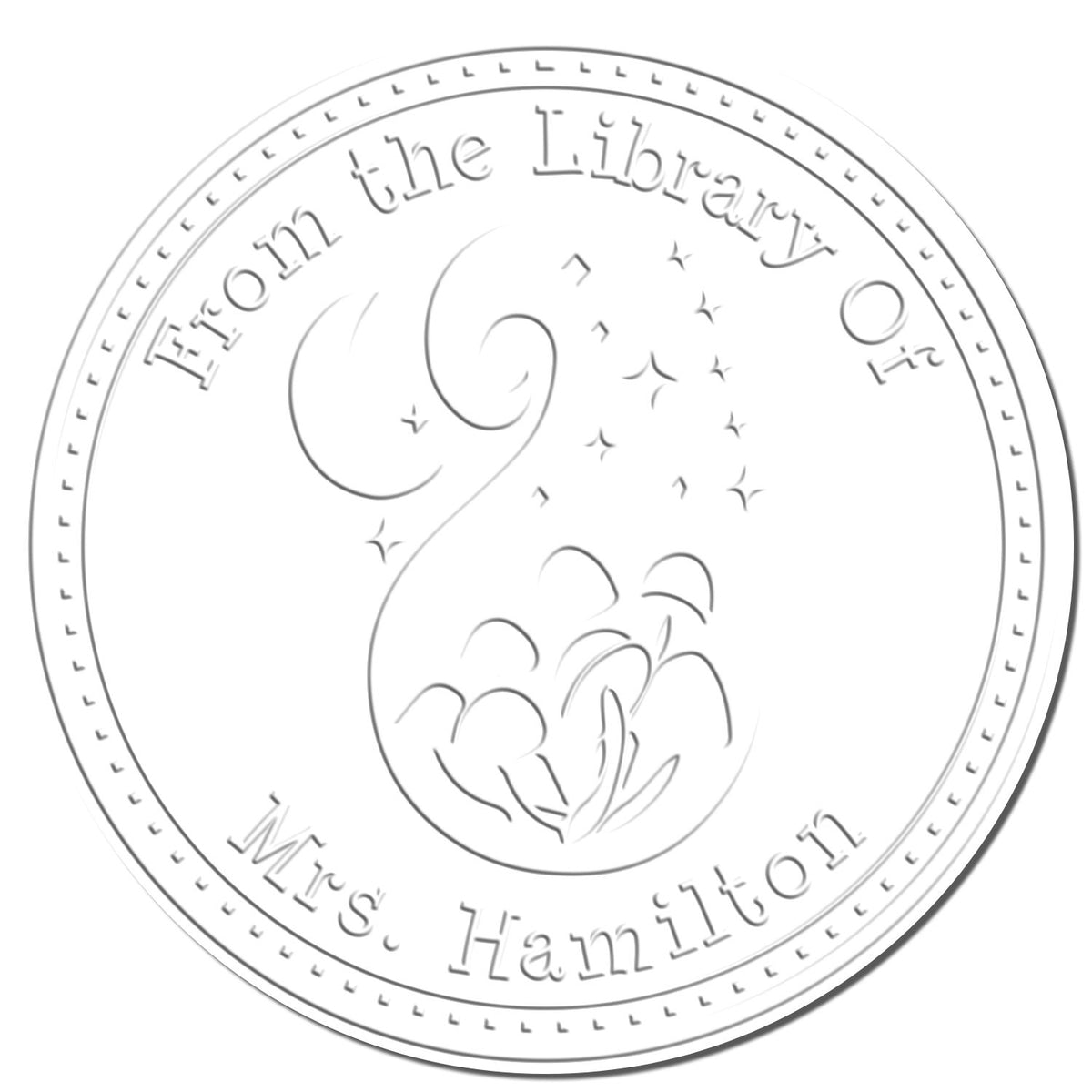 Fantasy stamp from ESS featuring Twilight Tubercle Spore design, handheld embossing seal with personalized book property imprint.