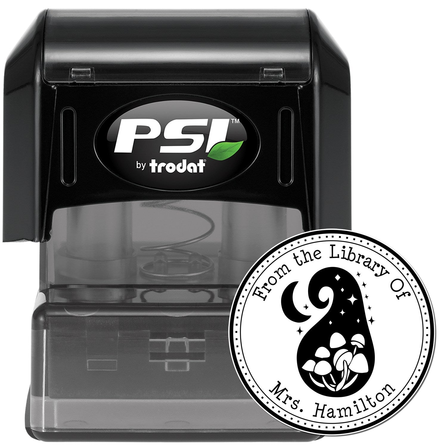 Black PSI by Trodat self-inking stamp and round library seal with moon, mushrooms, and Mrs. Hamilton text.