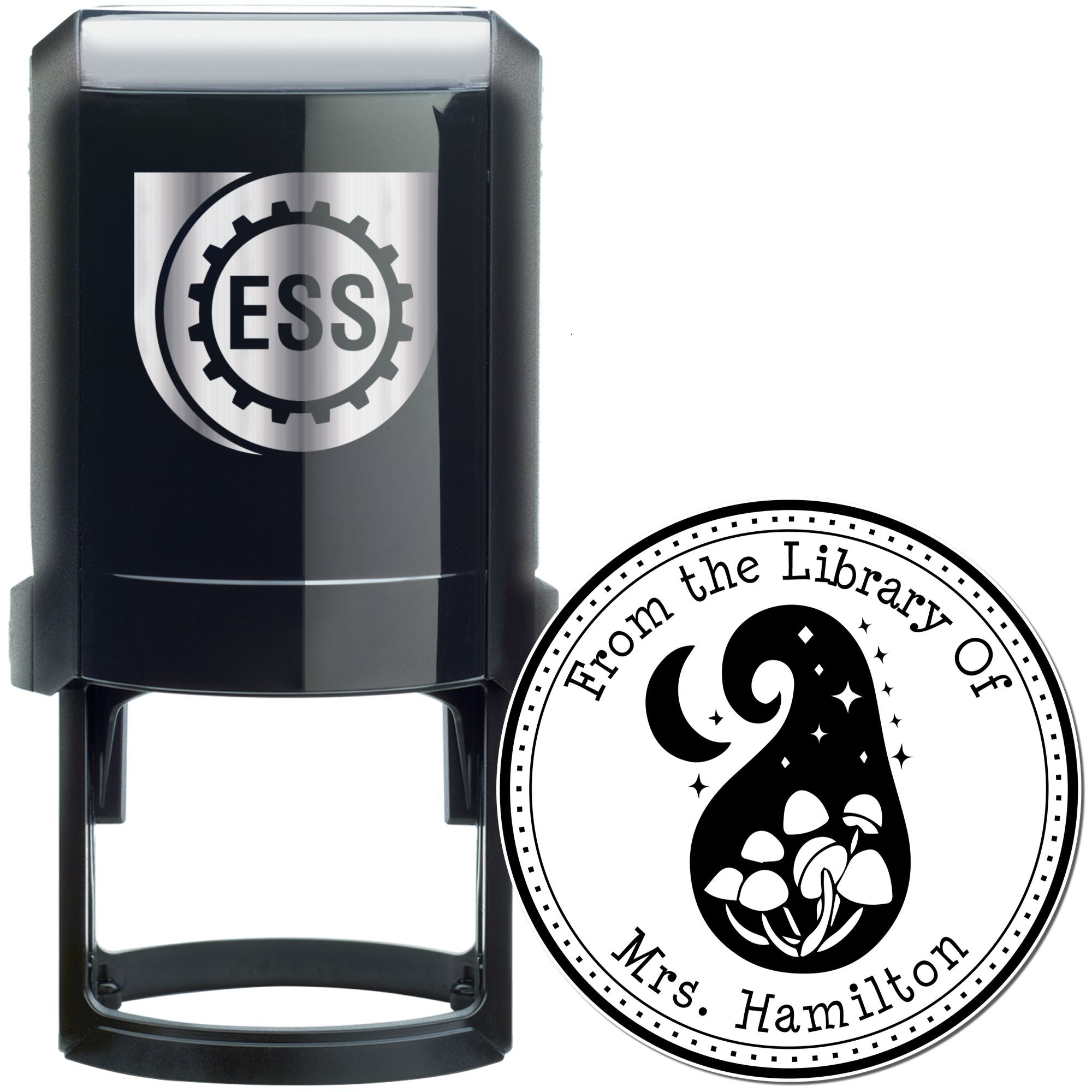 Black self-inking stamp with ESS gear logo beside a round custom seal reading From the Library Of Mrs. Hamilton.