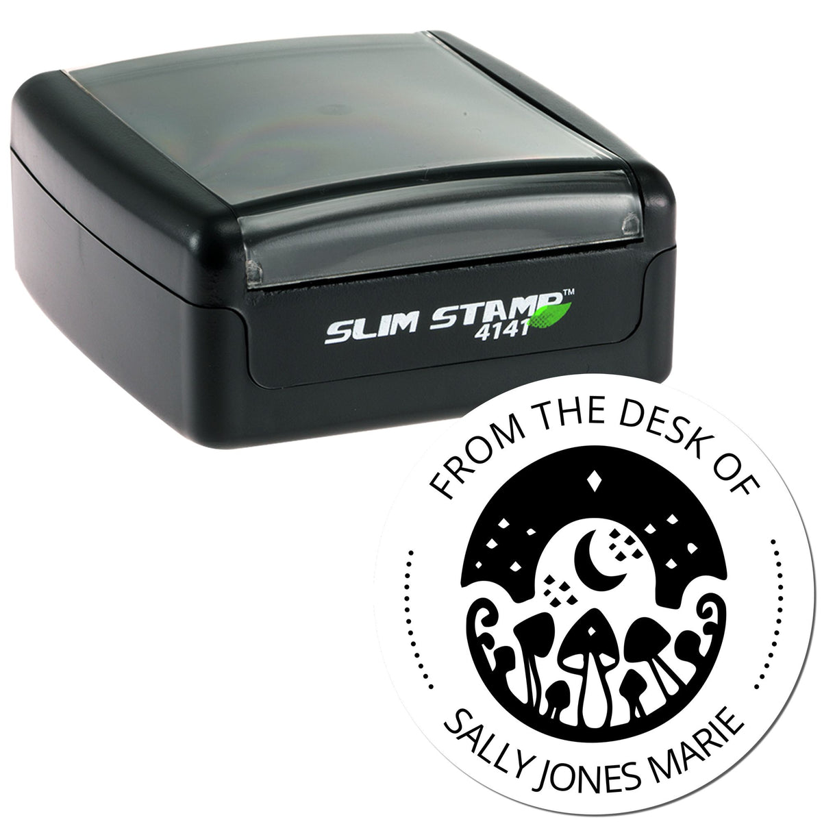 Black Slim Stamp 4141 self-inking desk stamp with translucent gray top and circular custom seal for Sally Jones Marie.