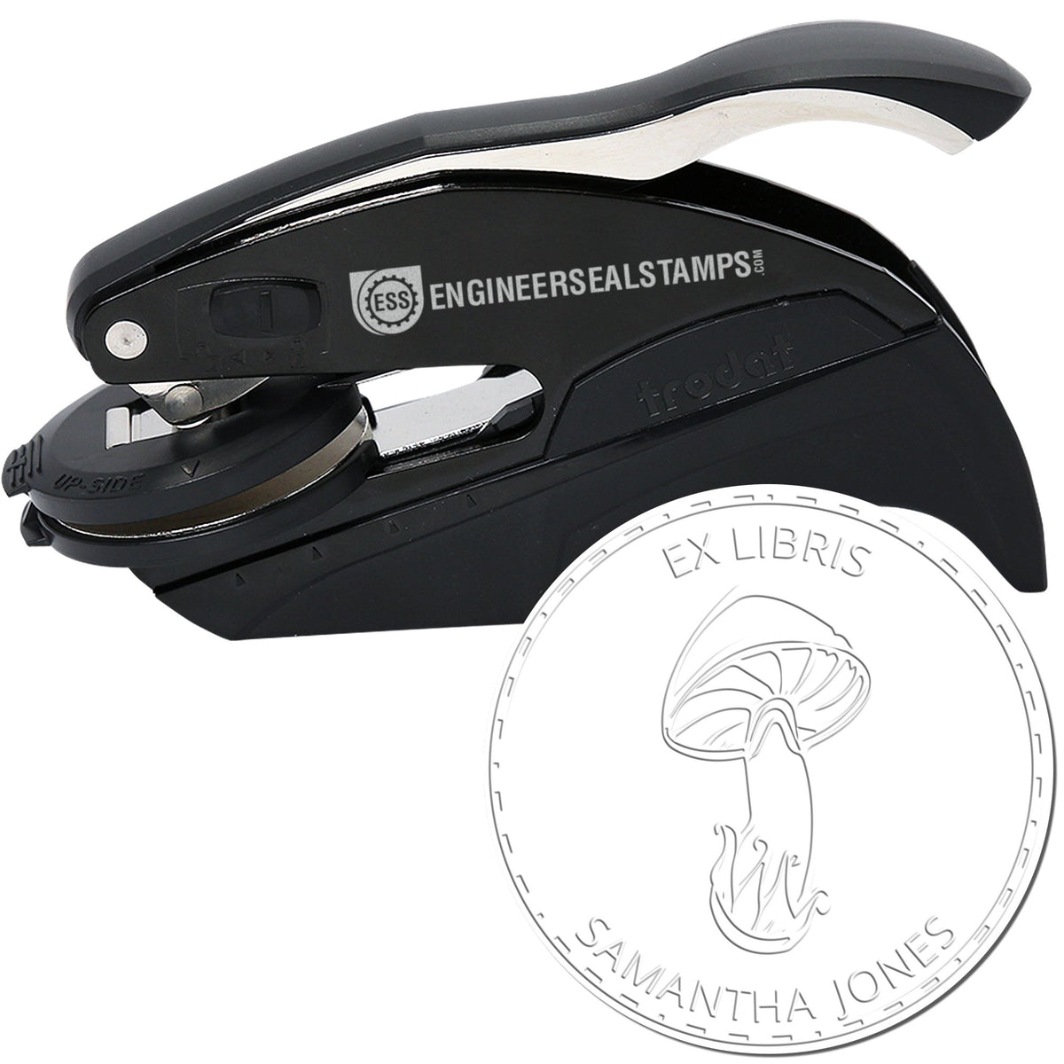 Black self-inking stamp and seal with silver lever, showing a custom round embossed seal for Samantha Jones.