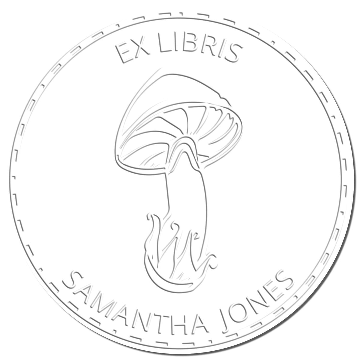Round white ex libris stamp seal with a mushroom design and embossed text for Samantha Jones.