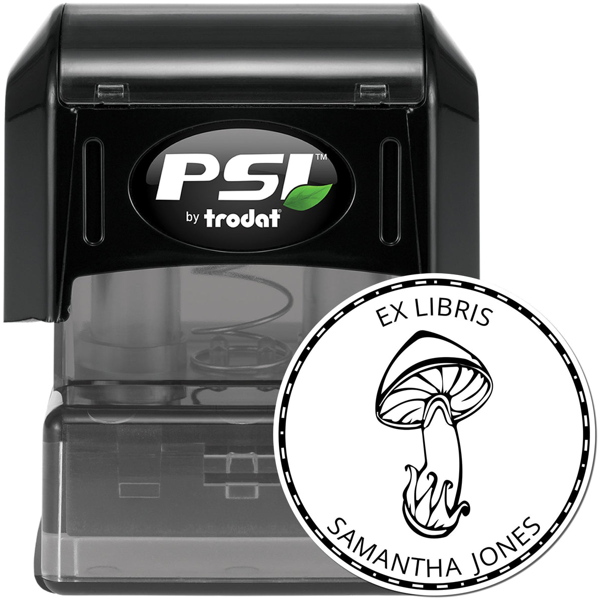 Black PSI by Trodat self-inking stamp with transparent base and circular ex libris seal featuring a mushroom and Samantha Jones.