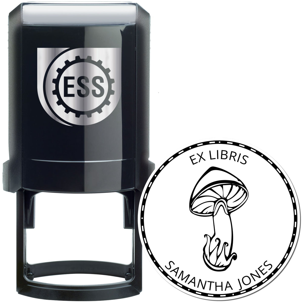 Black self-inking stamp and round ex libris seal with mushroom design on white background.