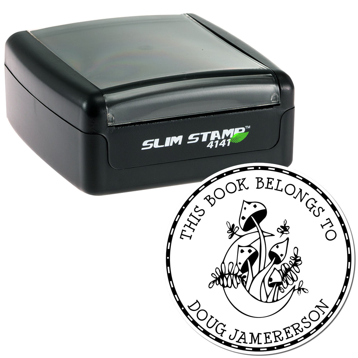Black Slim Stamp self-inking stamp with round book seal reading ÂThis Book Belongs to Doug JamersonÂ