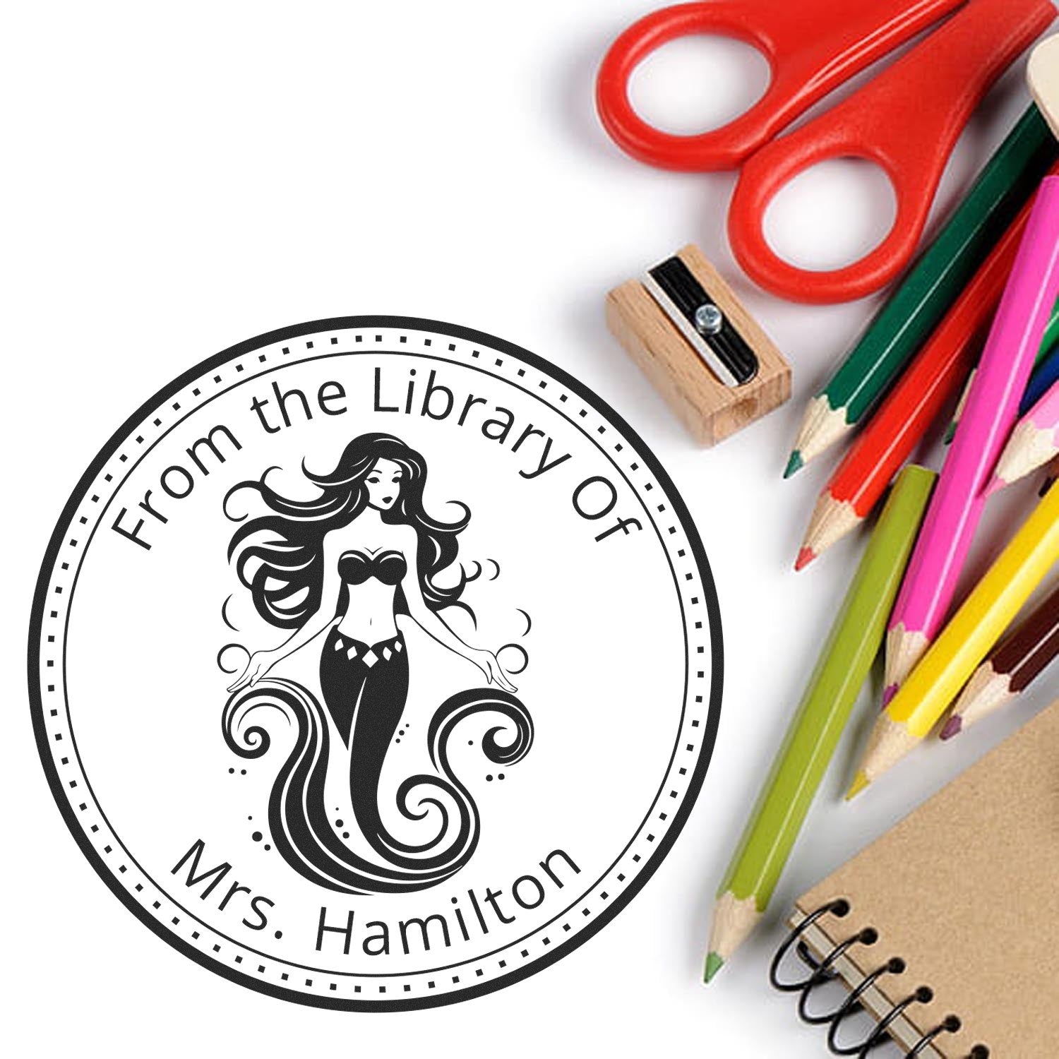 Wood Handle Aurelia Wavecrest Mermaid Custom Book Mark Stamp - Engineer Seal Stamps