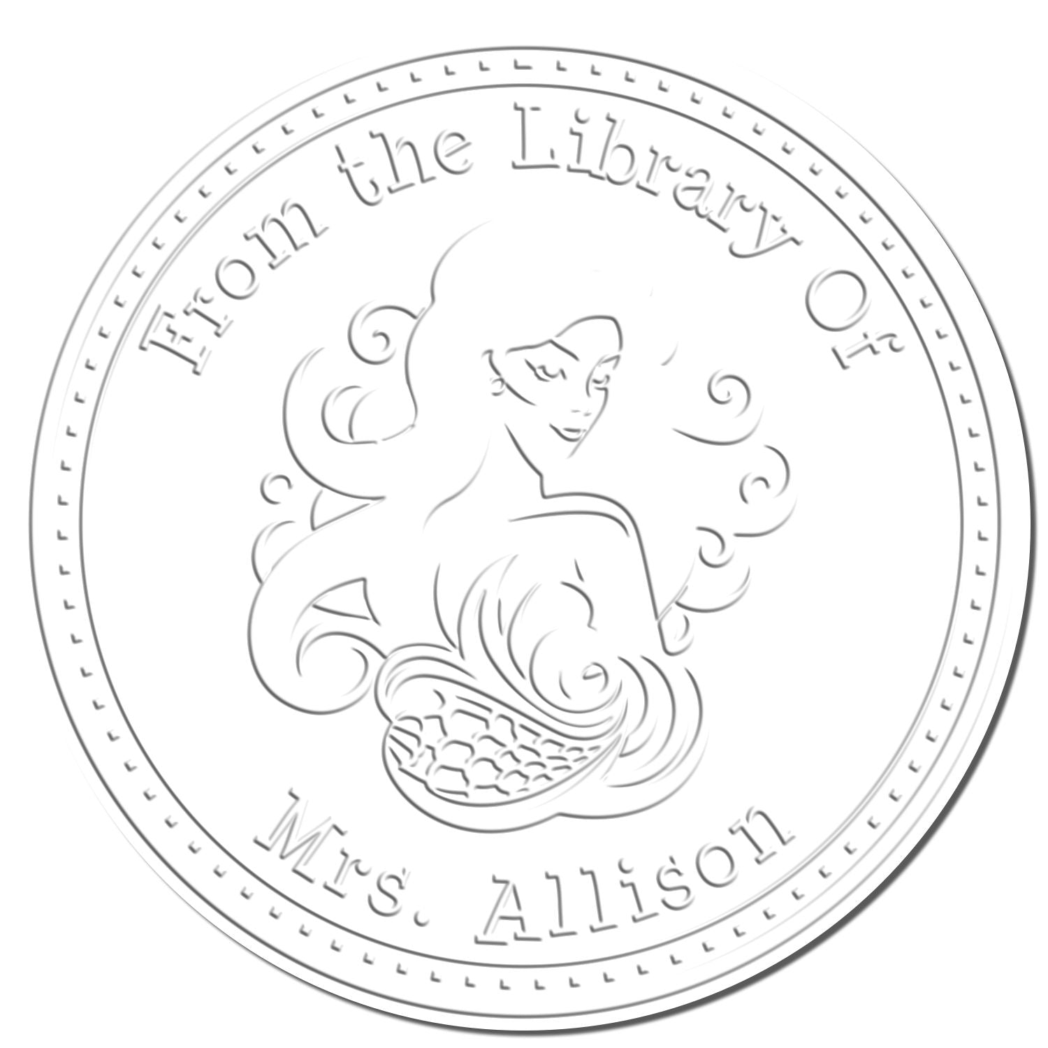 Gray embossed white circular library stamp seal with a woman and books, labeled From the Library and Mrs. Allison
