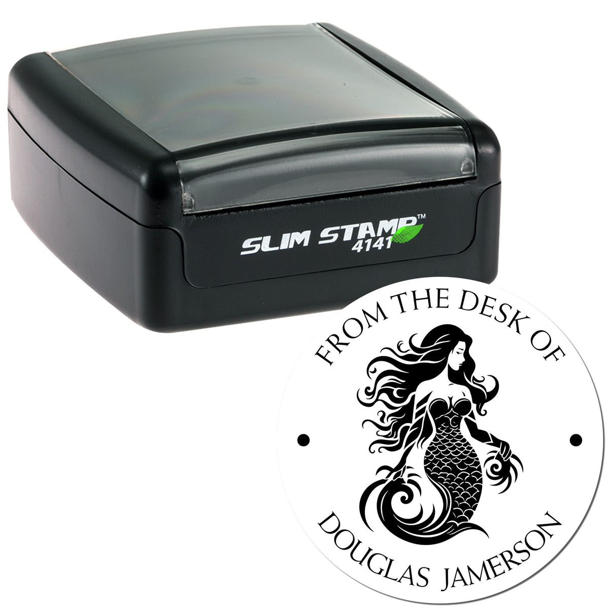 Black Slim Stamp 4141 with translucent gray top and white circular mermaid desk seal with black text.