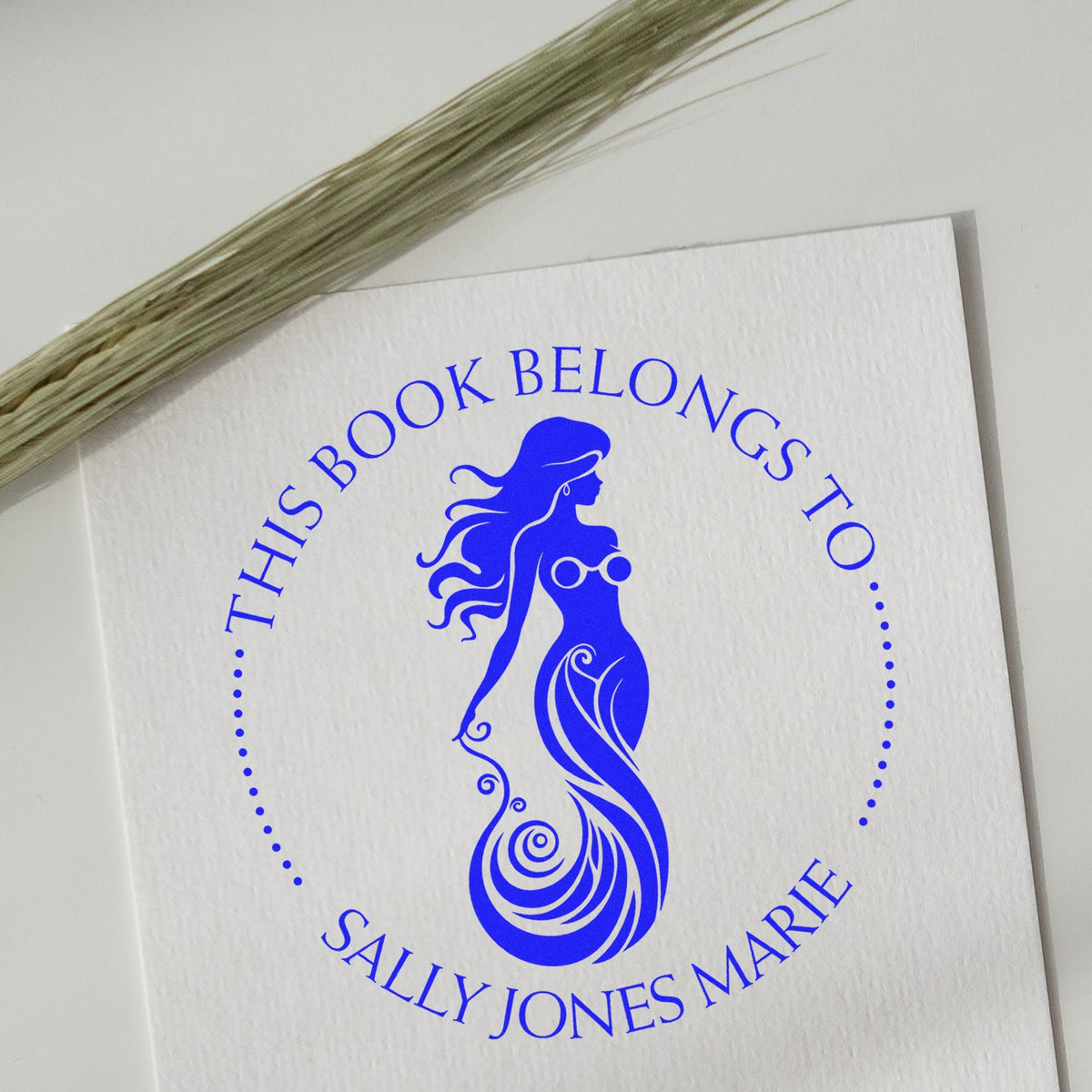 Blue custom book stamp seal with mermaid logo and circular text on white card, labeled This Book Belongs to Sally Jones Marie.