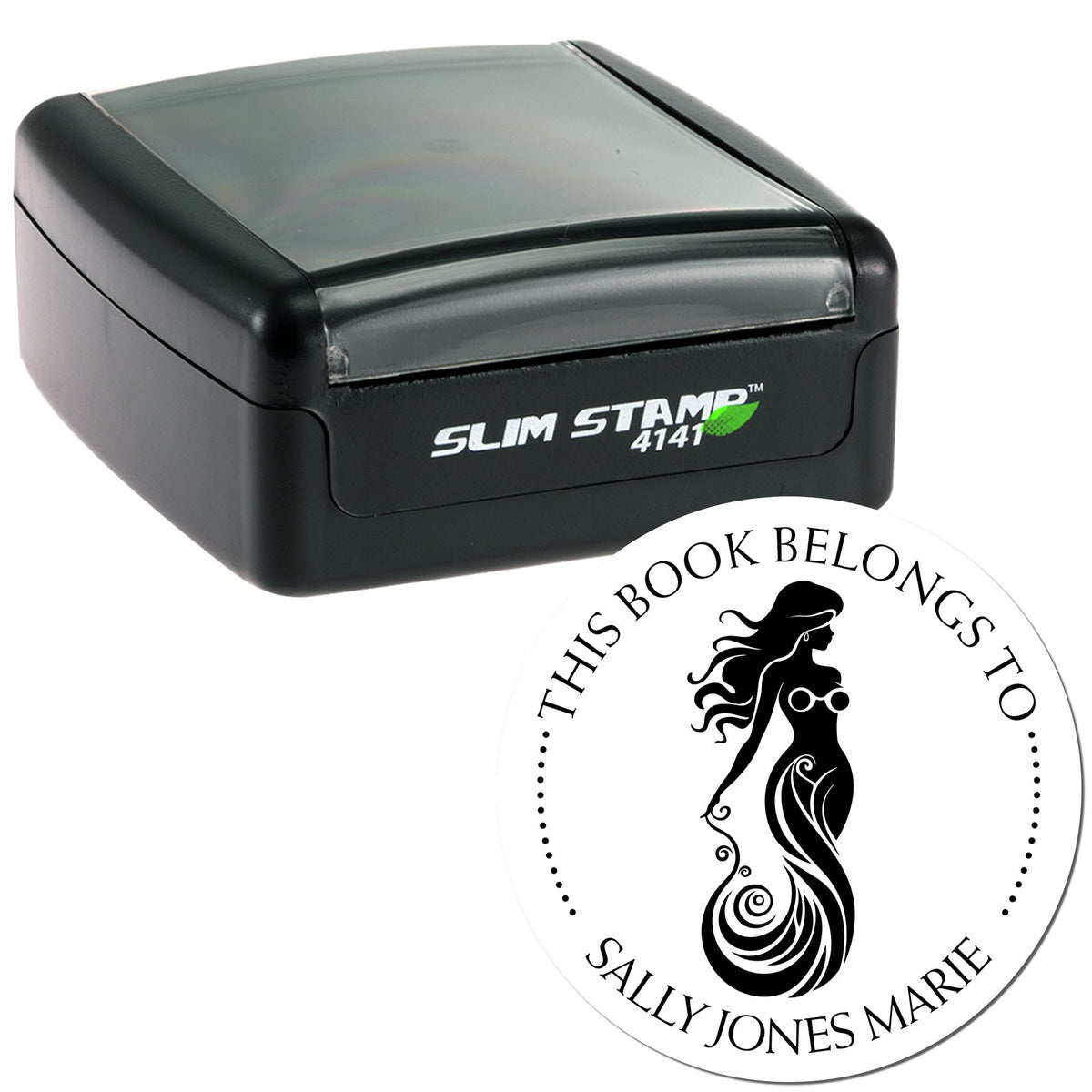 Black Slim Stamp 4141 with translucent gray top and white round book seal featuring black mermaid silhouette and lettering