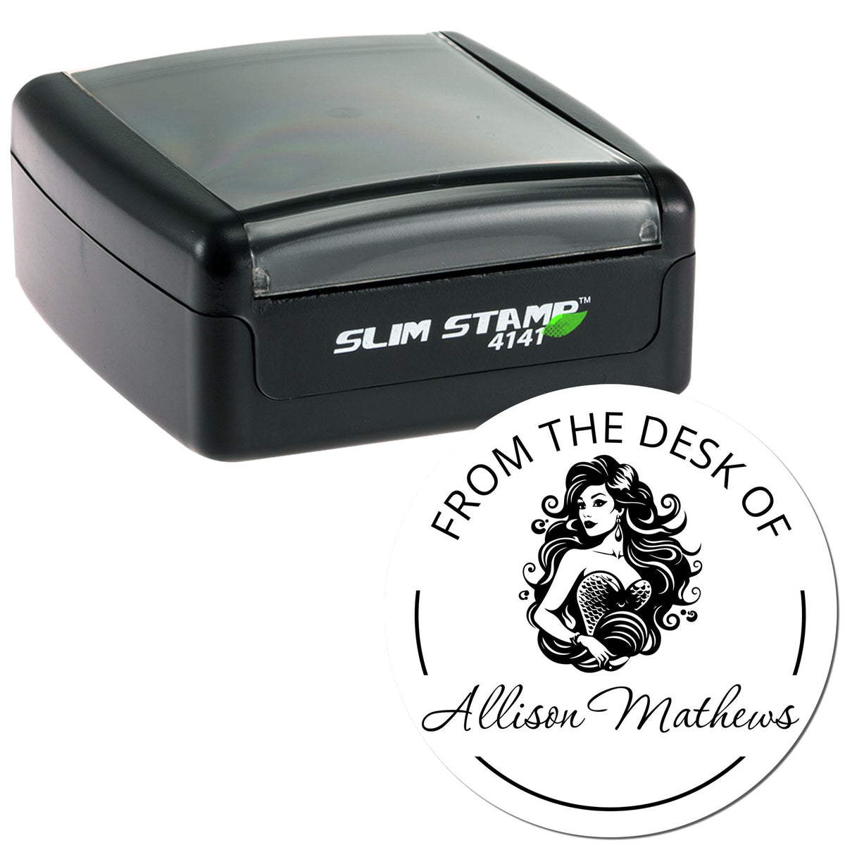 Black self-inking Slim Stamp 4141 with round white custom seal, black mermaid graphic, and Allison Mathews name.