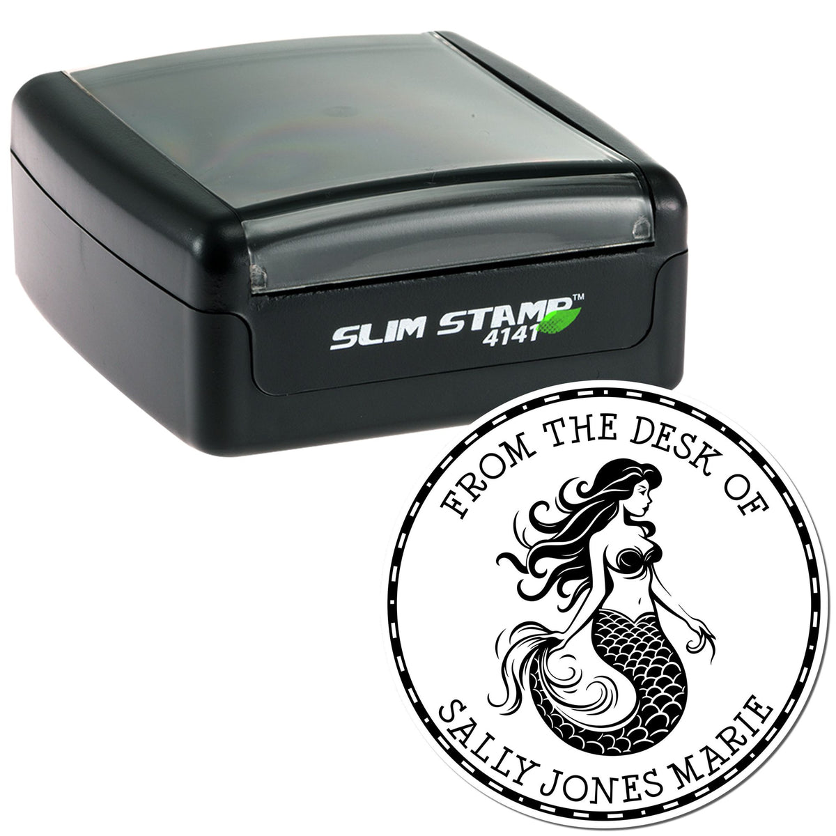 Black Slim Stamp 4141 self-inking stamp beside a custom round mermaid seal in black and white