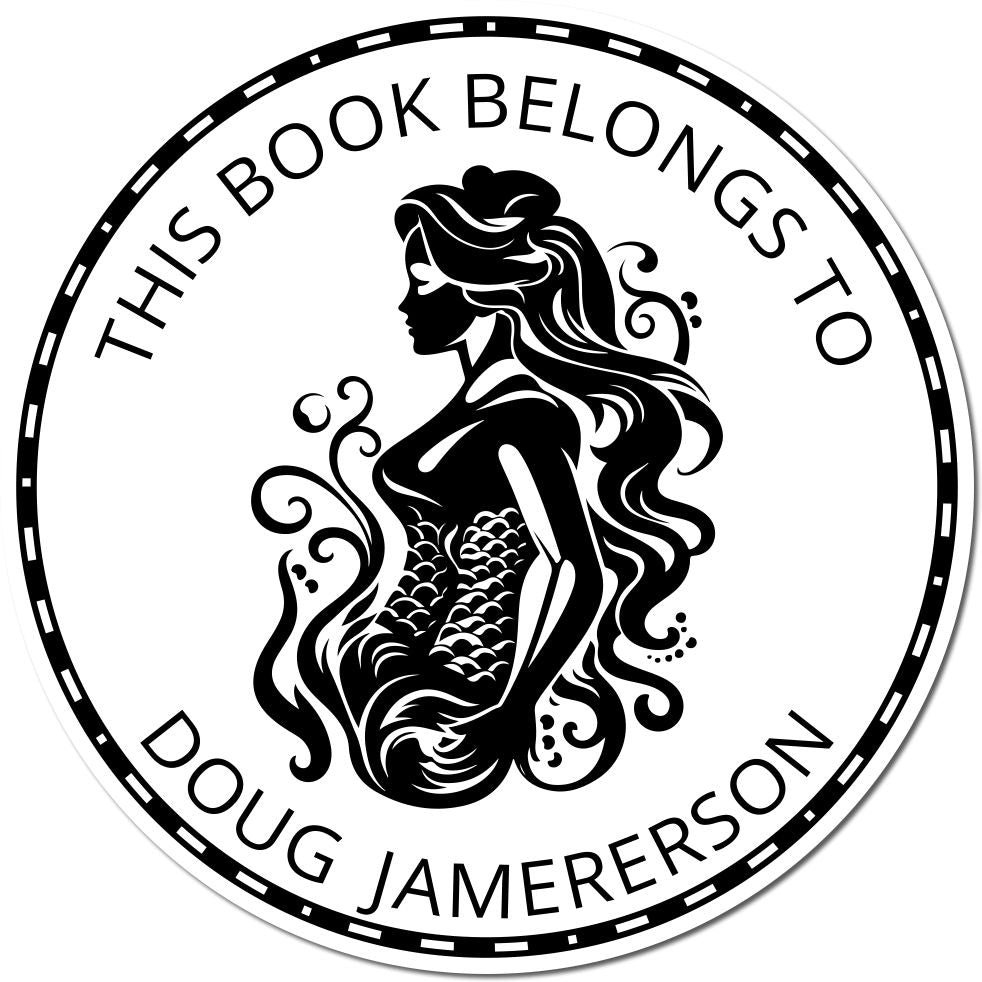 Black-and-white circular book stamp seal with mermaid silhouette and This Book Belongs to Doug Jamerson text.