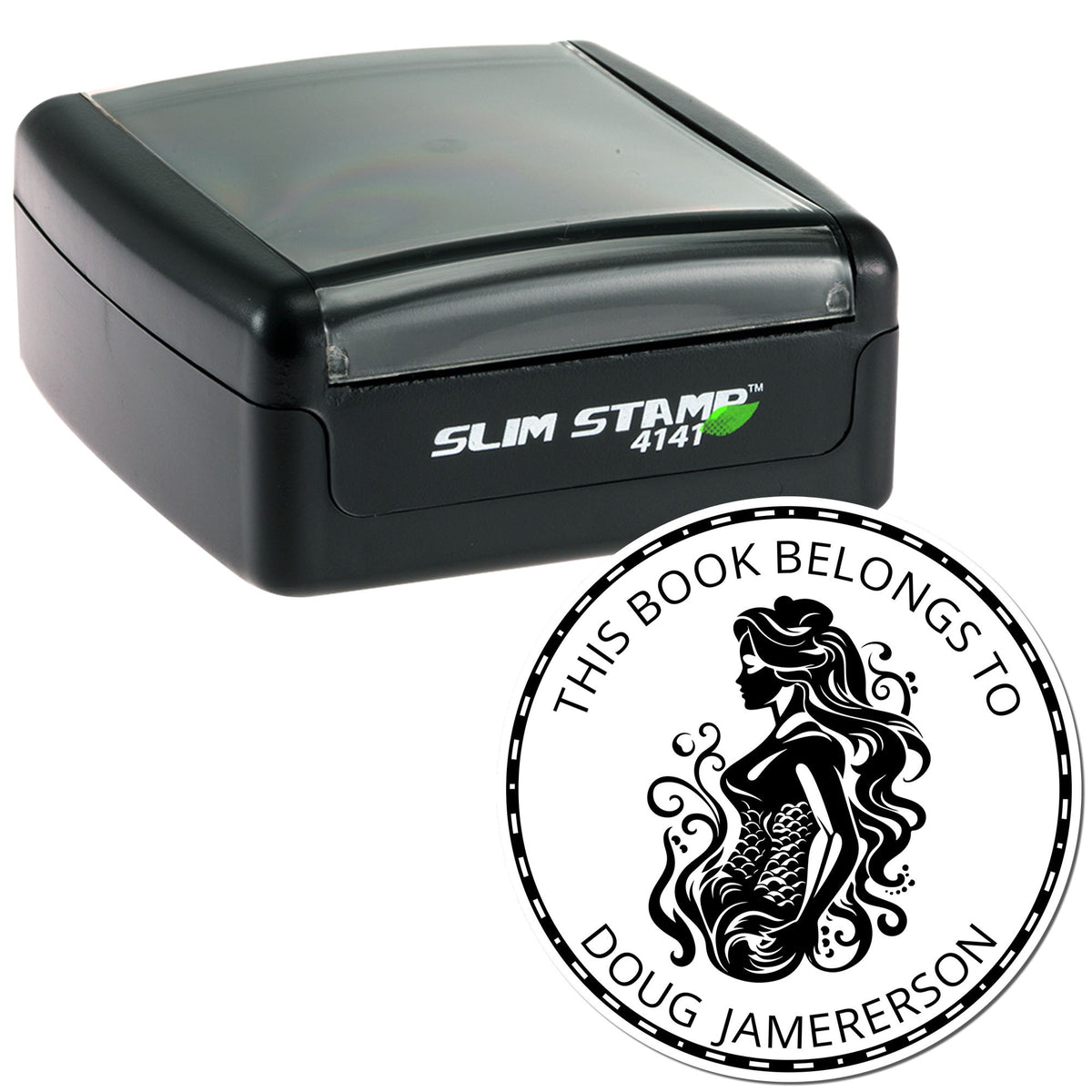 Black slim self-inking stamp with clear cap and round book seal featuring a mermaid and This book belongs to Doug Jamerson