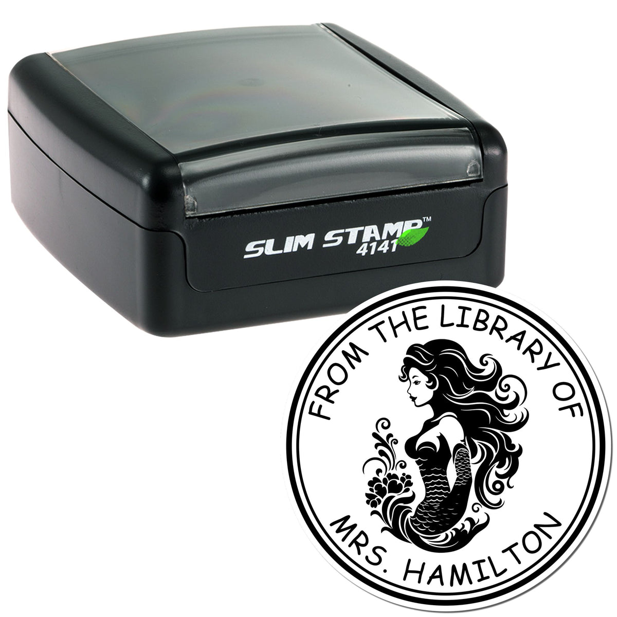 Black Slim Stamp 4141 with clear cap and custom round library seal featuring mermaid design and From the Library of Mrs. Hamilton
