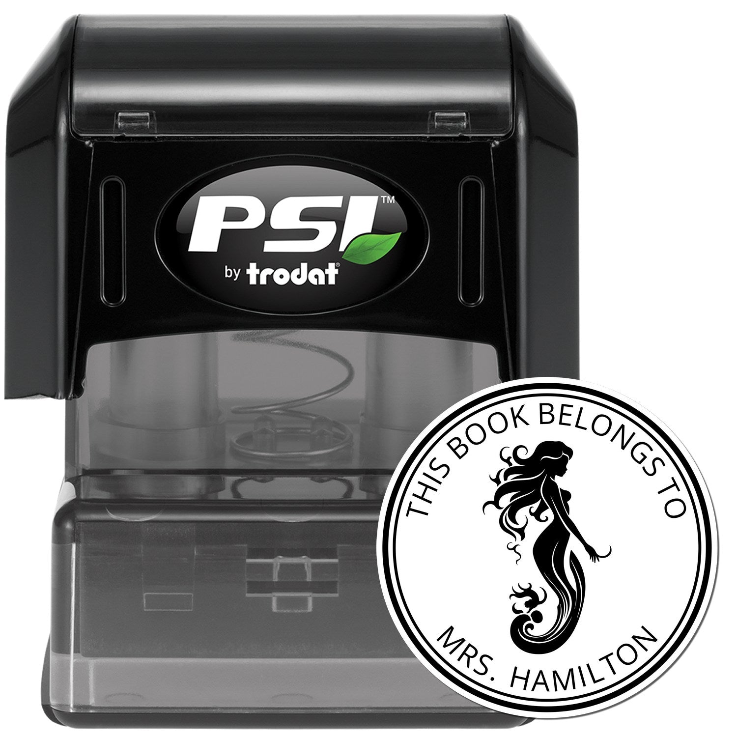Black PSI by Trodat self-inking stamp with round book seal reading This Book Belongs to Mrs. Hamilton and mermaid design.