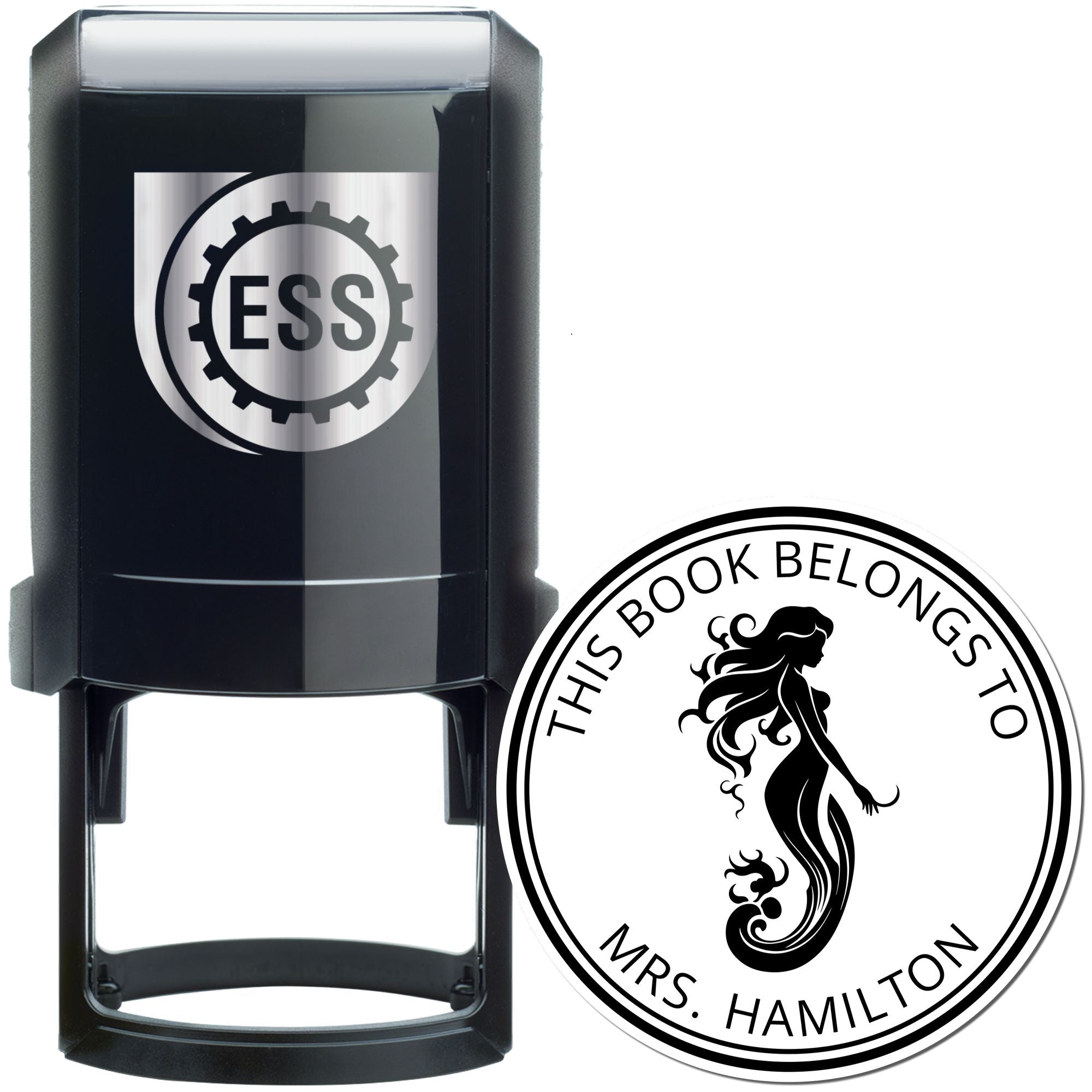 Black self-inking ESS stamp and round white book seal with mermaid, reading This Book Belongs to Mrs. Hamilton.