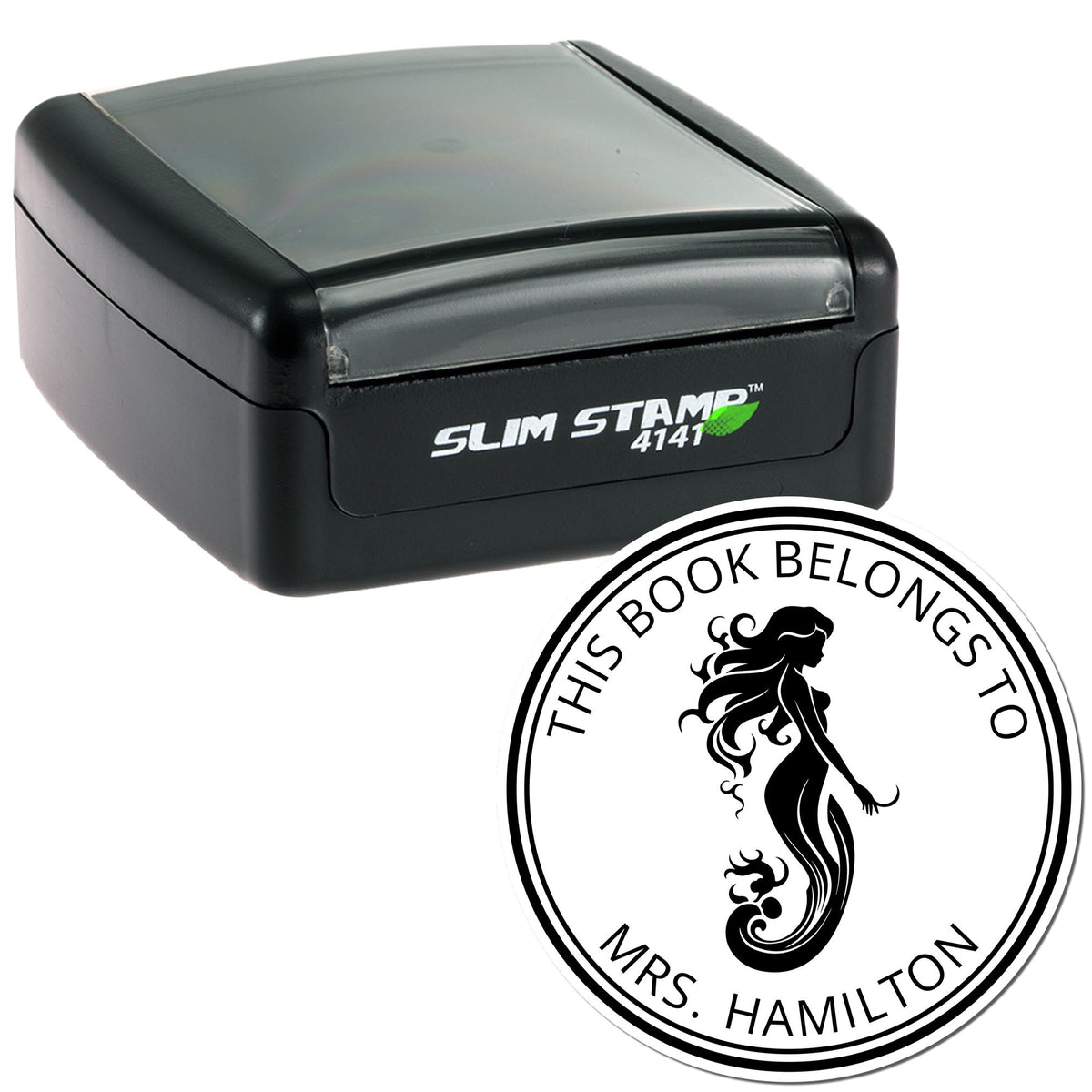 Black Slim Stamp 4141 with round custom book seal, white text and mermaid design reading This Book Belongs to Mrs. Hamilton
