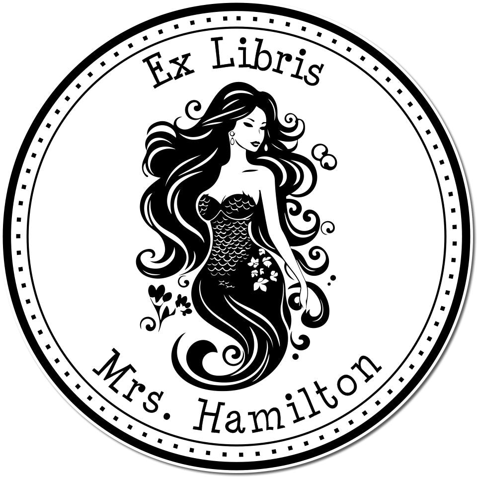 Black-and-white circular Ex Libris stamp seal featuring a mermaid and Mrs. Hamilton text with a dotted border.