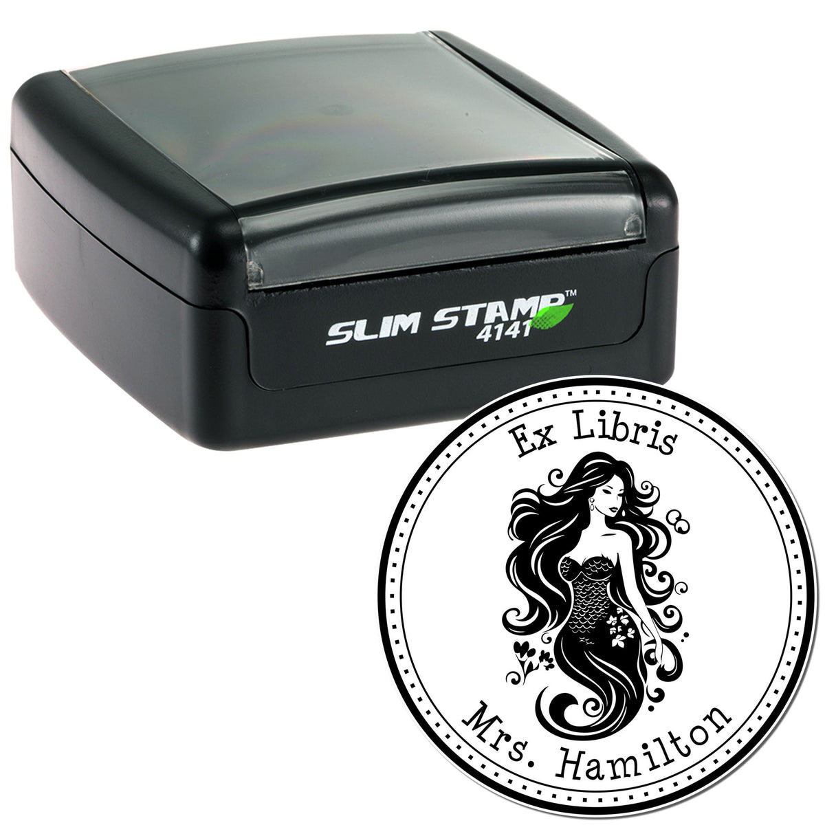 Black Slim Stamp 4141 self-inking stamp with gray lid and round Ex Libris Mrs. Hamilton mermaid seal.