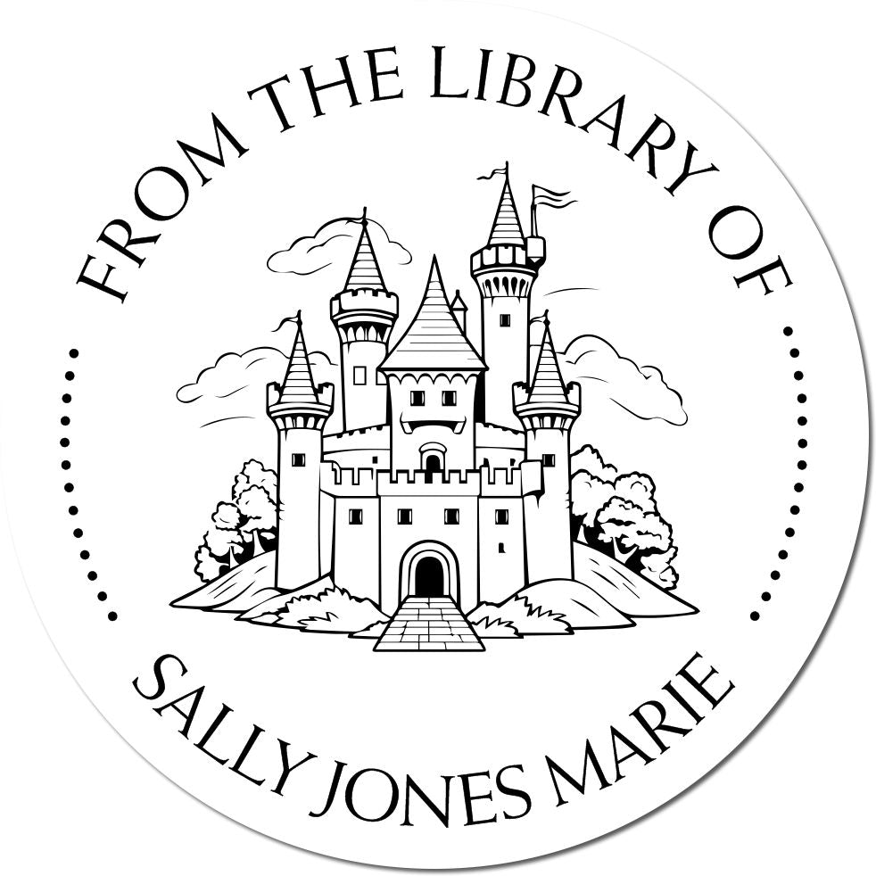 Black-and-white round library book stamp seal with castle, clouds, and dotted border; reads 'From the Library of Sally Jones Marie'.