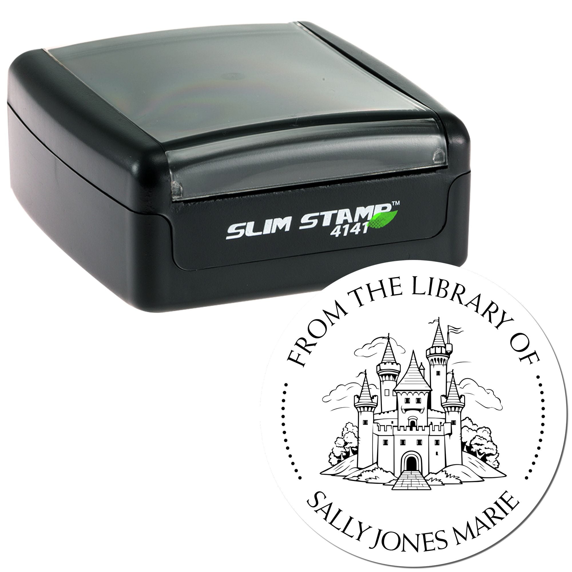 Black self-inking stamp with white circular library seal, castle illustration, and personalized From the Library of Sally Jones Marie text