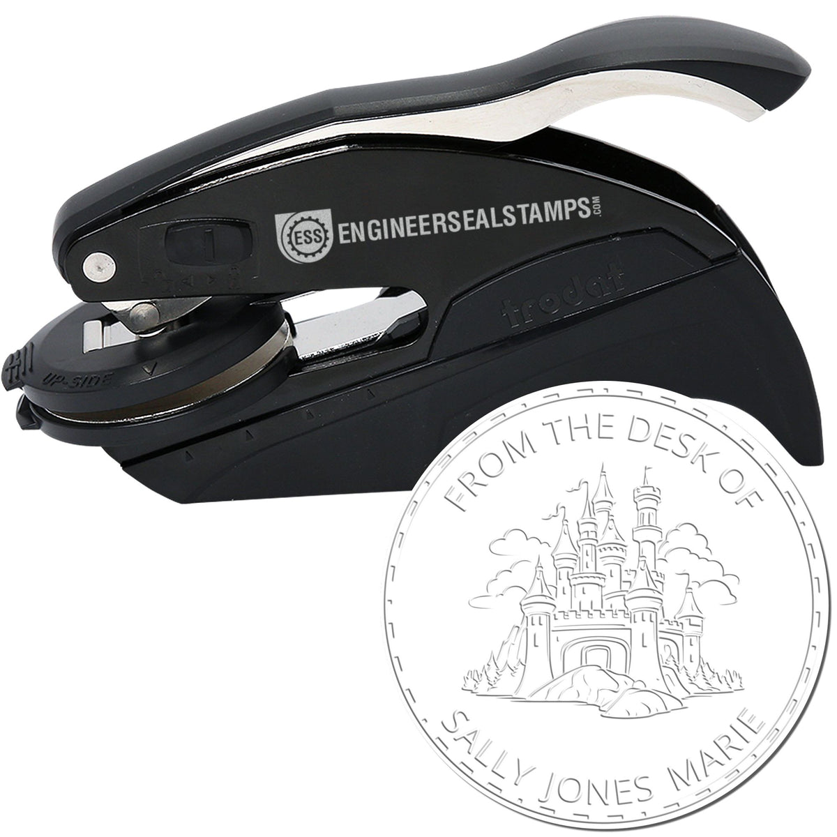 Trodat Stonegate Citadel Castle hybrid embossing seal for fantasy books with detailed castle design and customizable imprint.