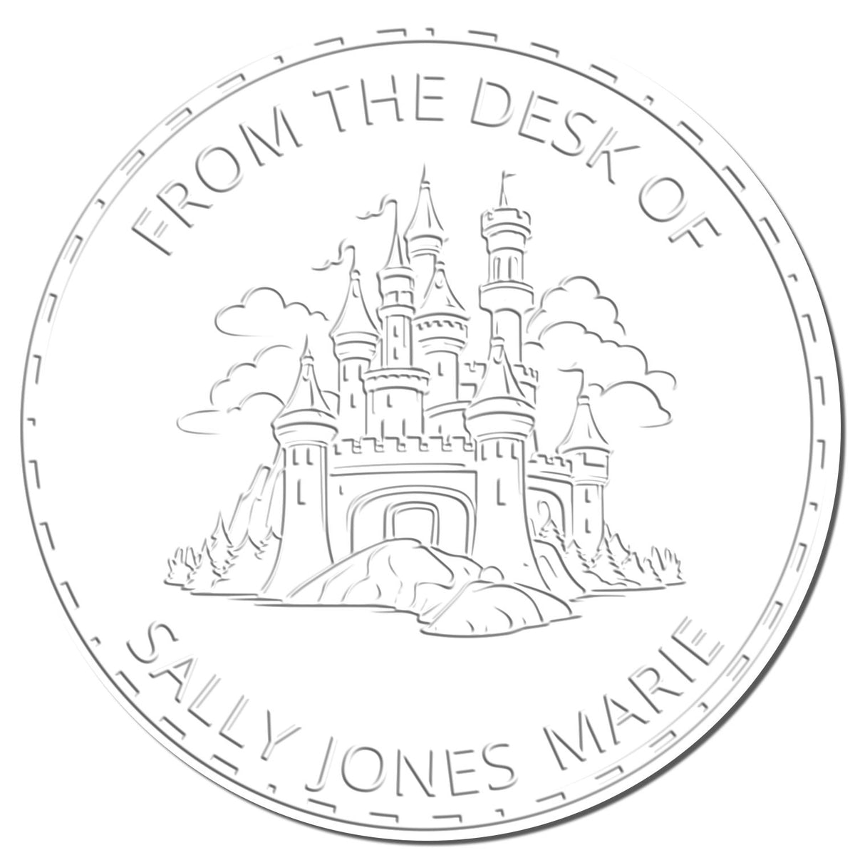 Close-up of a Stonegate Citadel Castle fantasy library ownership seal stamp by ESS, showing detailed engraved castle design.
