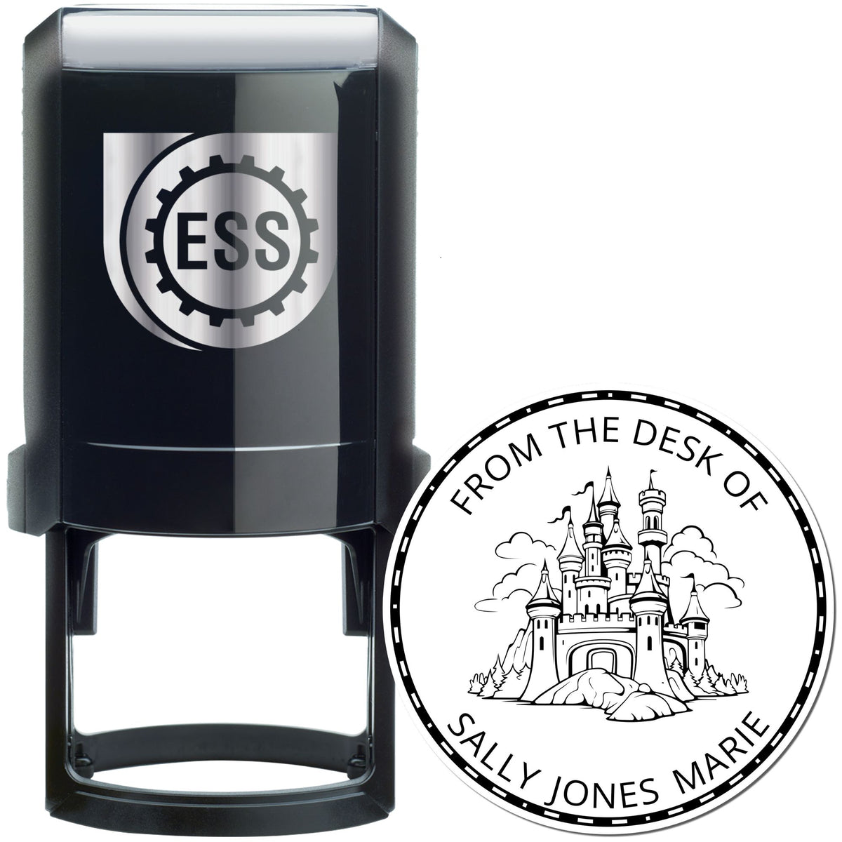Black self-inking ESS stamp and round custom seal with castle design, silver accents, and ÂFrom the Desk of Sally Jones Marie text.