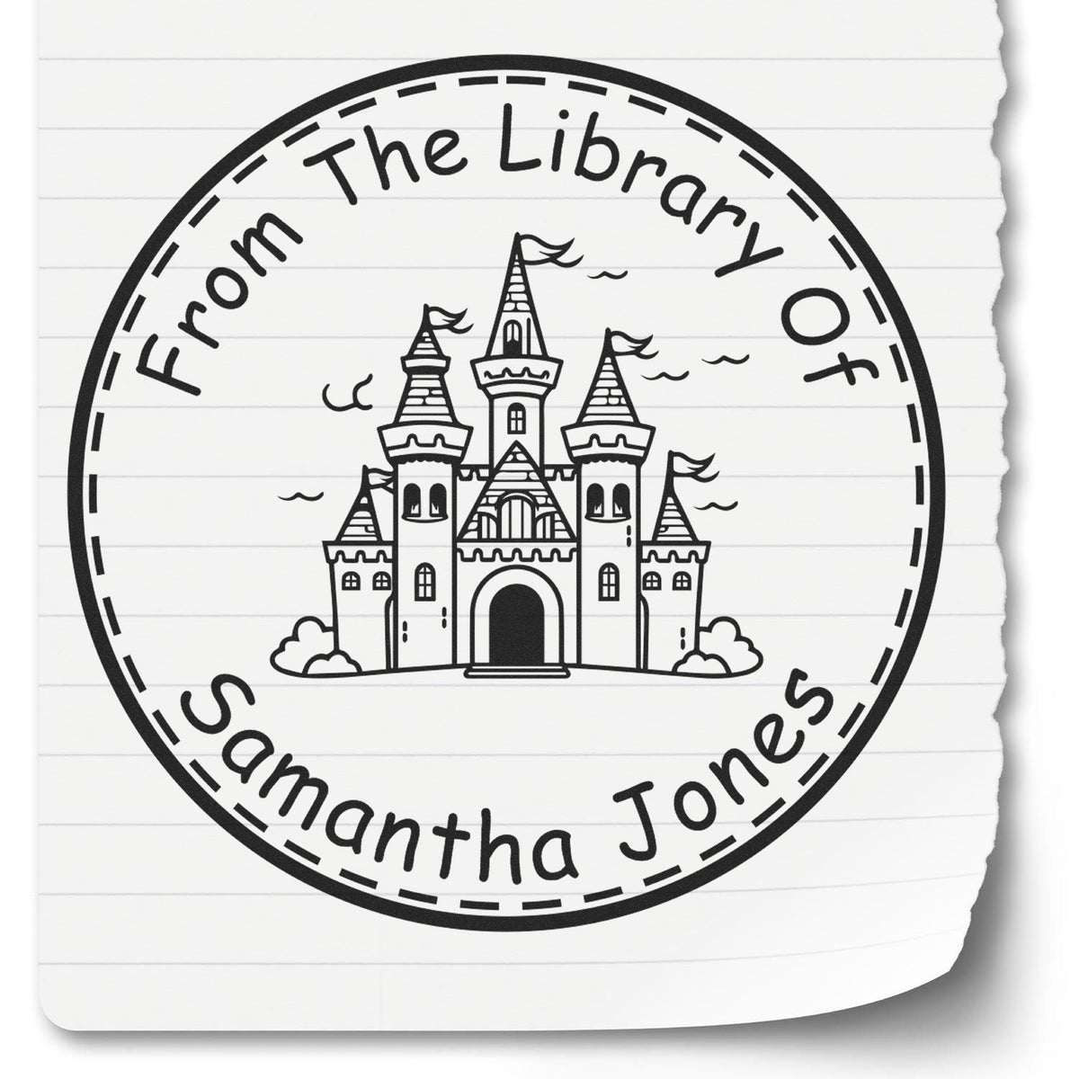 Black circular library stamp seal with castle graphic and From The Library Of Samantha Jones on white lined paper.