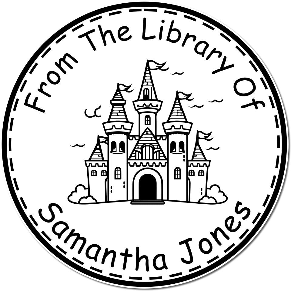 Black-and-white circular library stamp seal with castle icon and text From The Library Of Samantha Jones