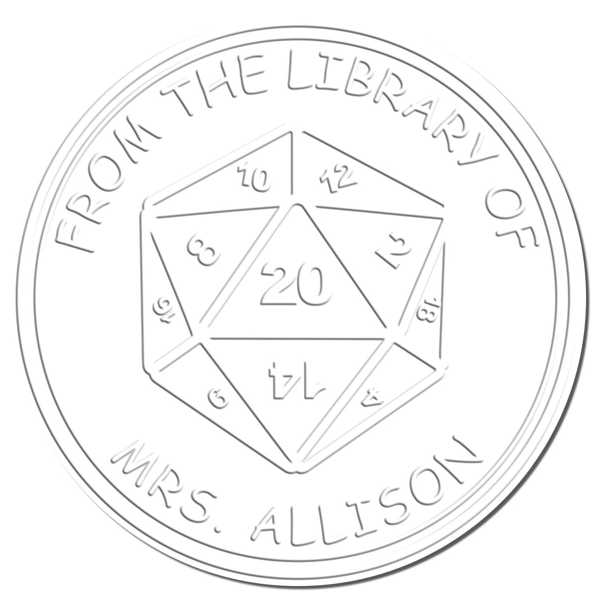 White circular stamp seal with gray embossed text, geometric die design, and From the Library, Mrs. Allison.