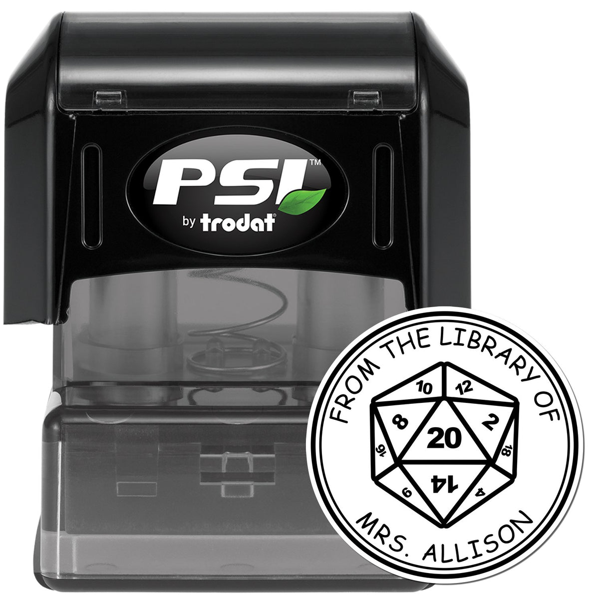 Black PSI by Trodat self-inking stamp with clear case and round library seal reading Mrs. Allison.