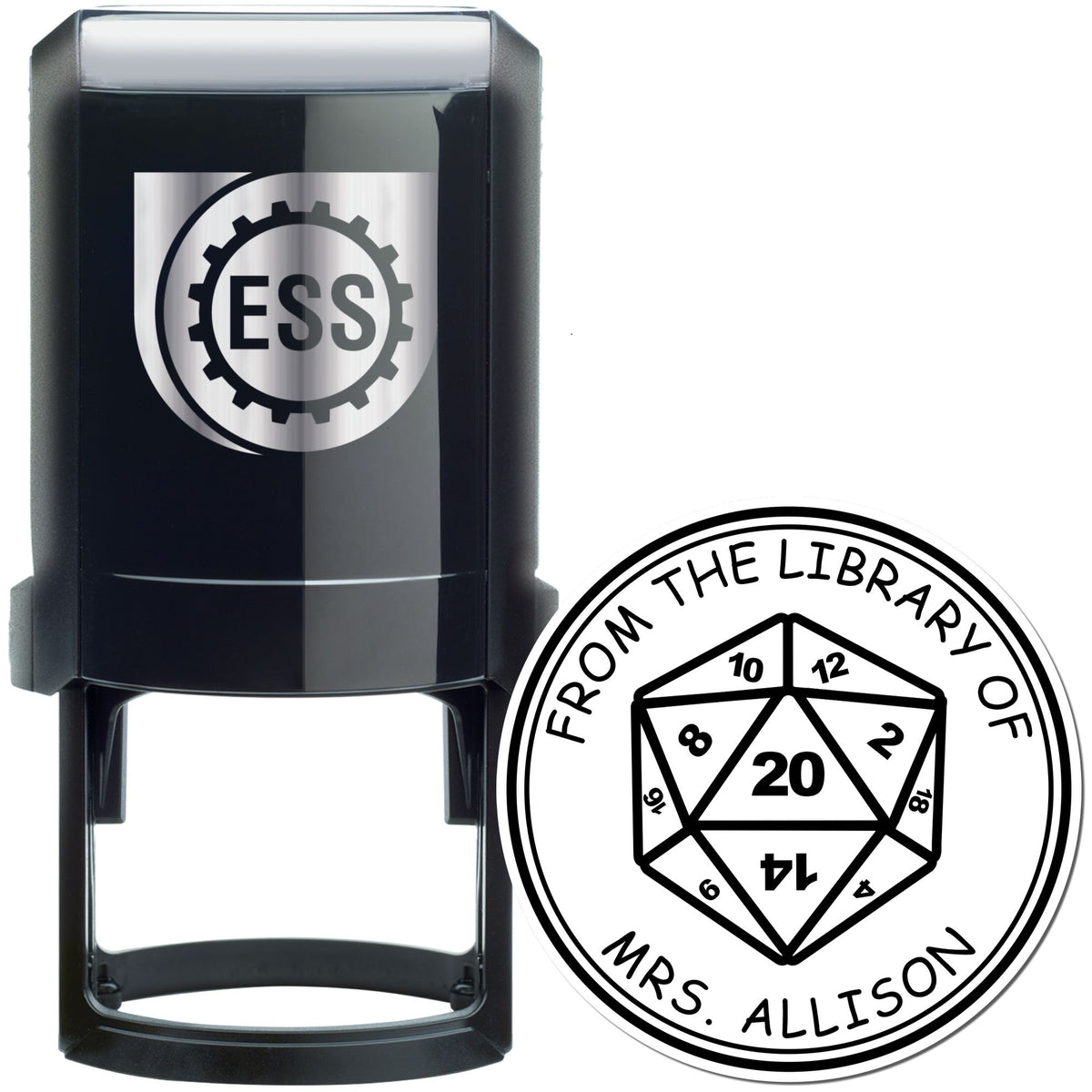 Black self-inking ESS stamp with silver accents and round library seal reading From the Library of Mrs. Allison
