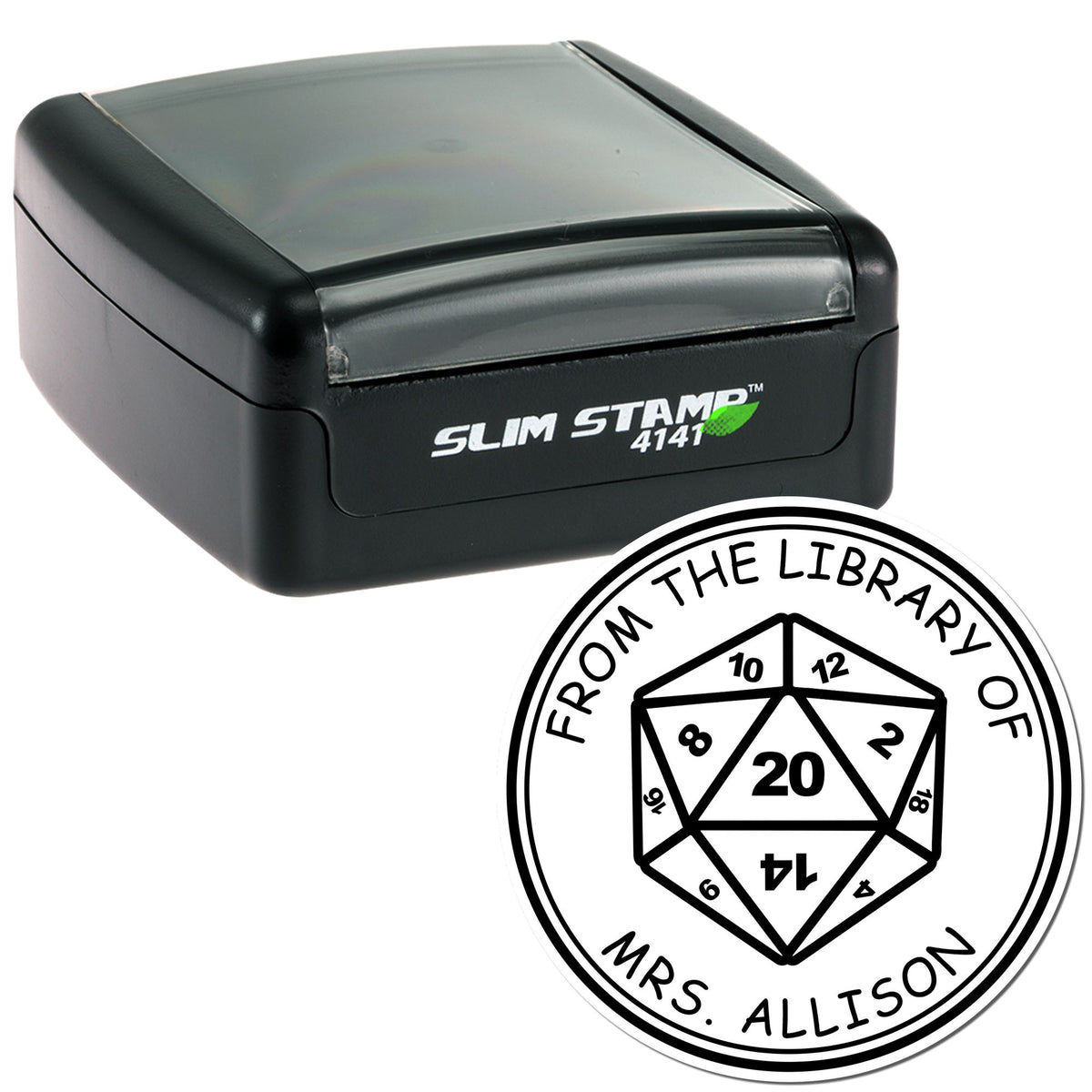 Black Slim Stamp self-inking stamp with clear cover and circular black library seal reading From the Library of Mrs. Allison