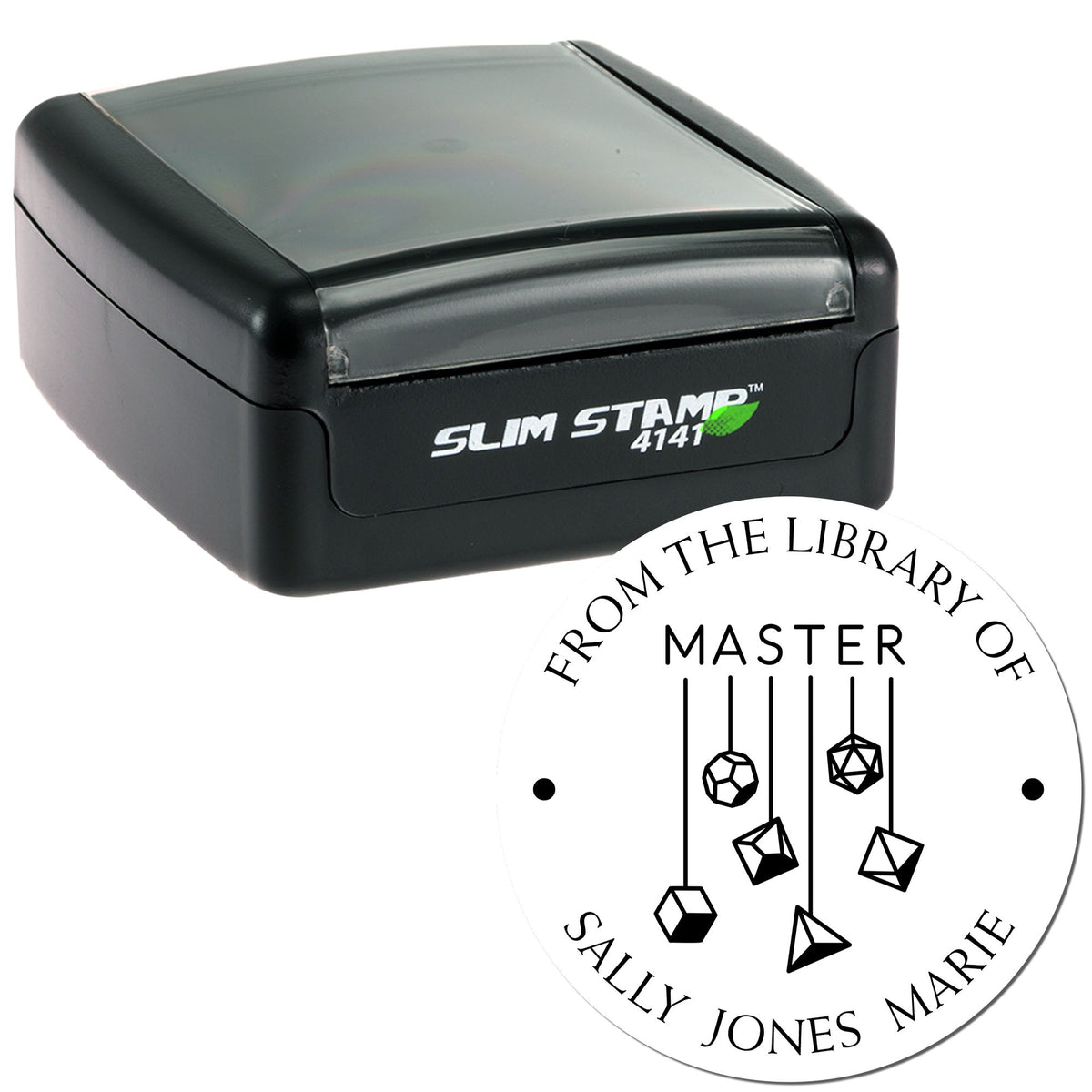 Black slim self-inking stamp with gray lid beside a white circular library seal for Master Sally Jones Marie.
