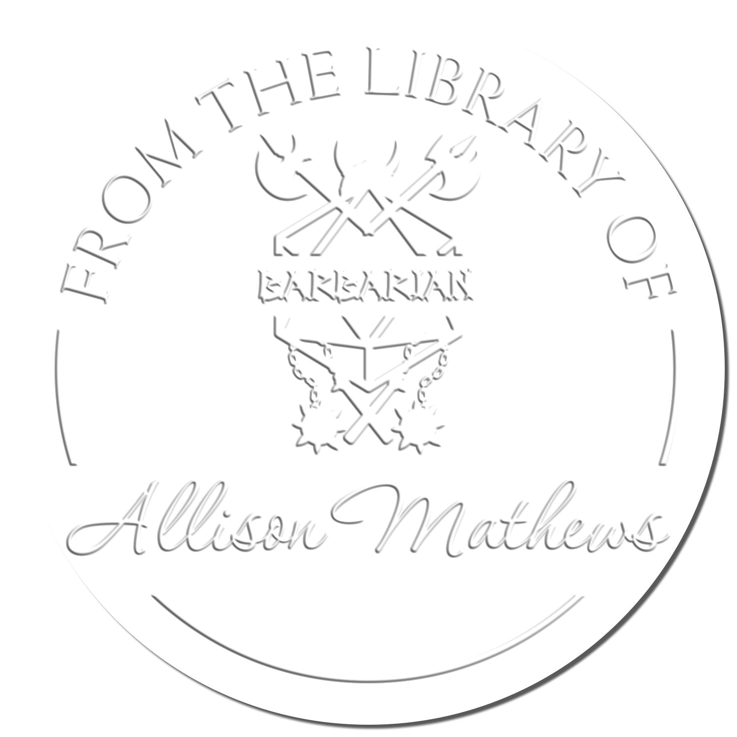 Circular library ownership seal stamp in light gray with crossed quills and Allison Mathews script.