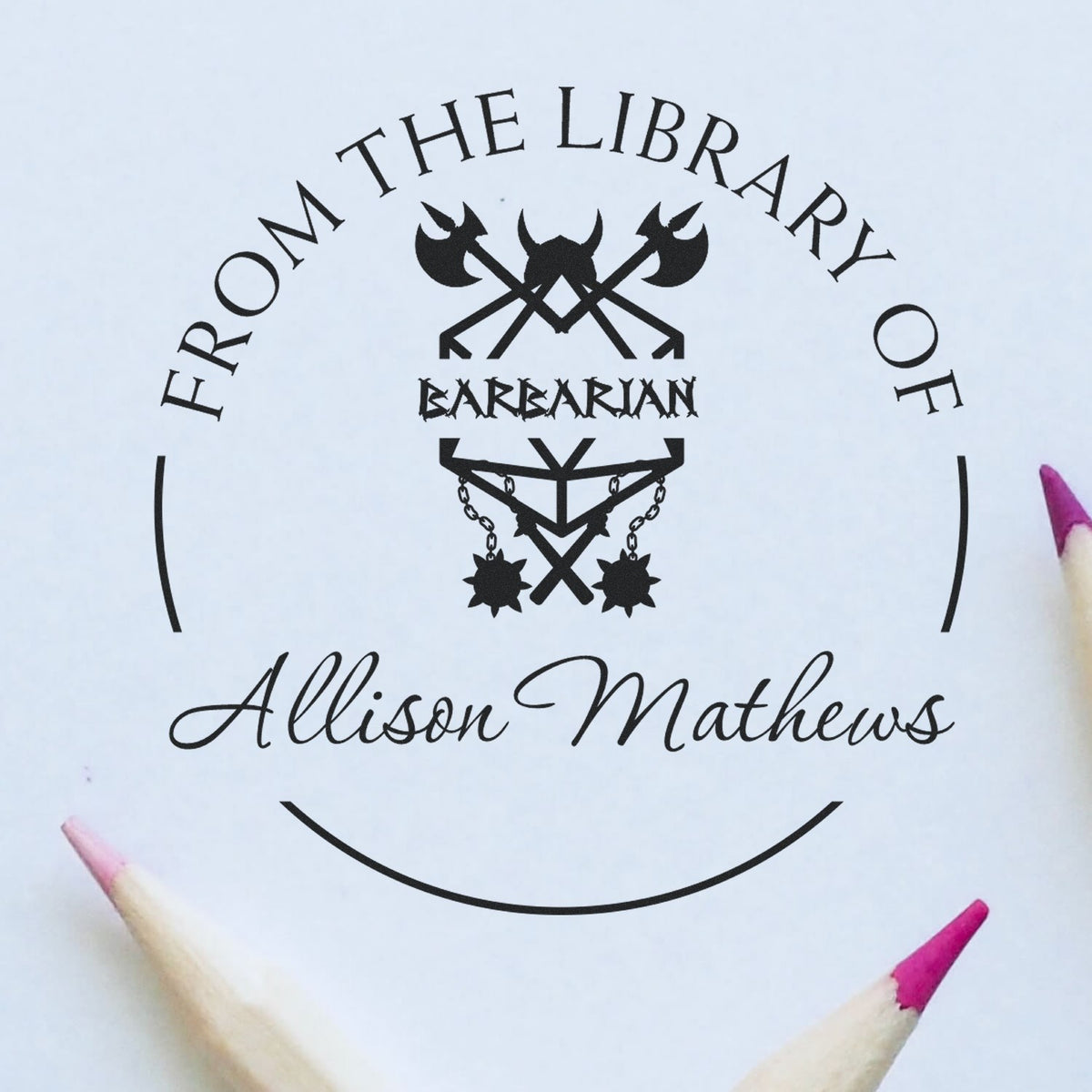 Custom black library stamp seal on white paper, reading From the Library of Barbarian Allison Mathews, with crossed axes emblem.