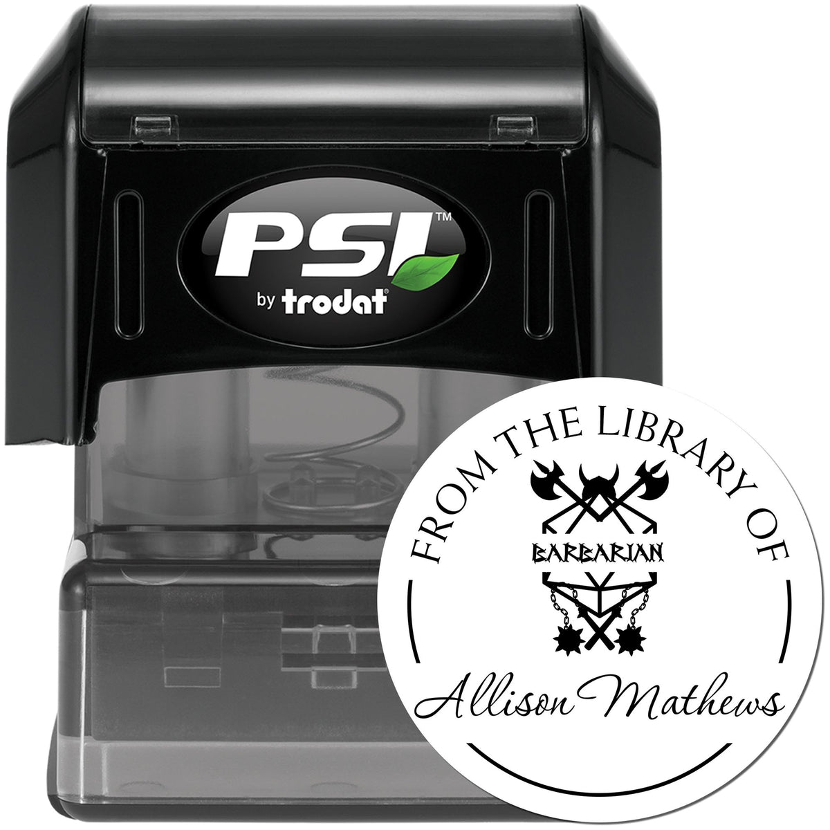 Black PSI by Trodat self-inking stamp with clear base and round white custom library seal with black text and barbarian emblem.