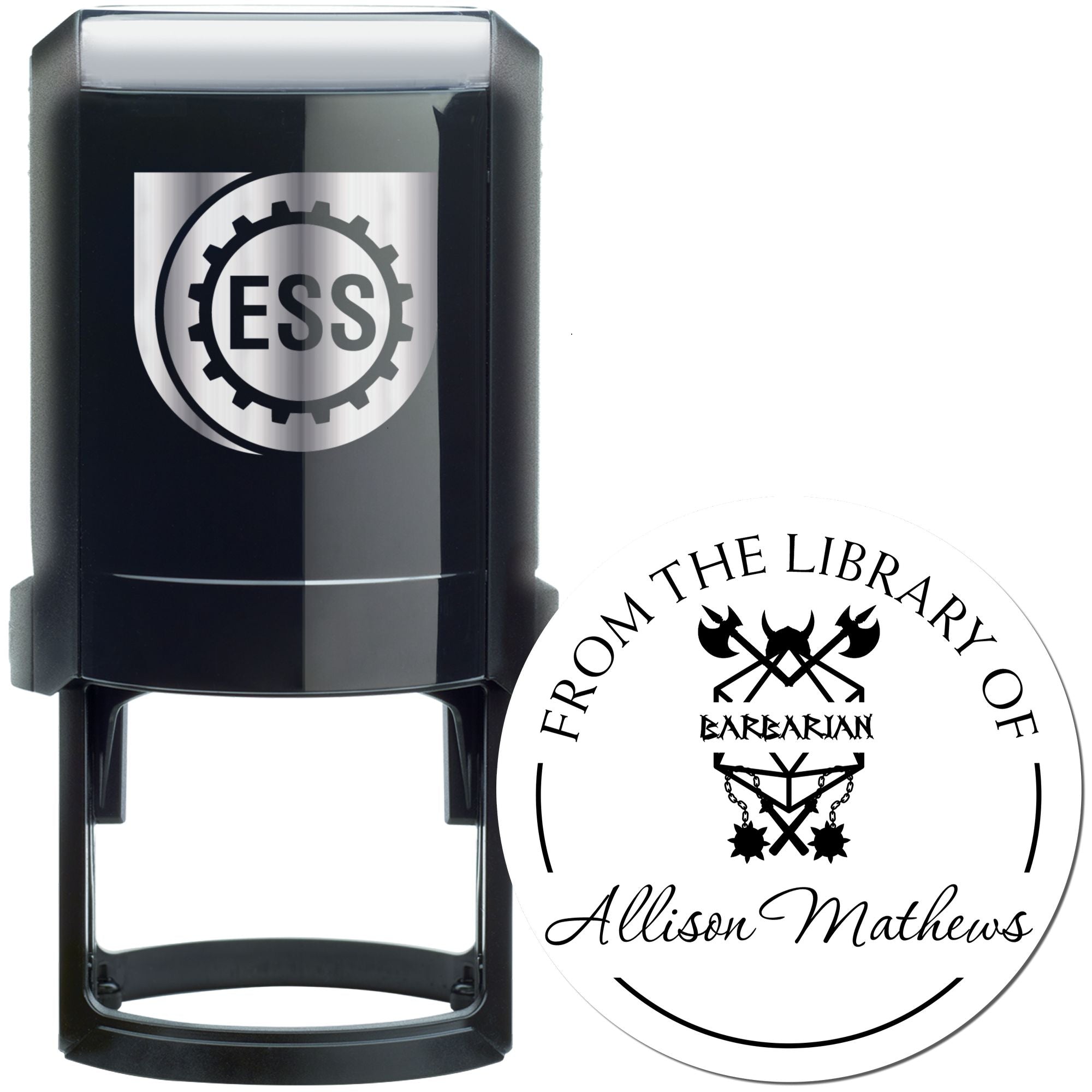 Black self-inking stamp with silver logo and white round library seal reading From the Library of Allison Mathews and Barbarian.