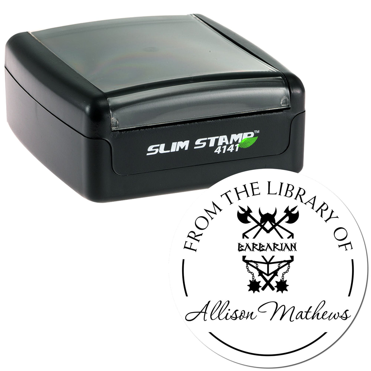 Black Slim Stamp 4141 self-inking stamp with translucent gray lid and white circular seal featuring black gothic text and logo.