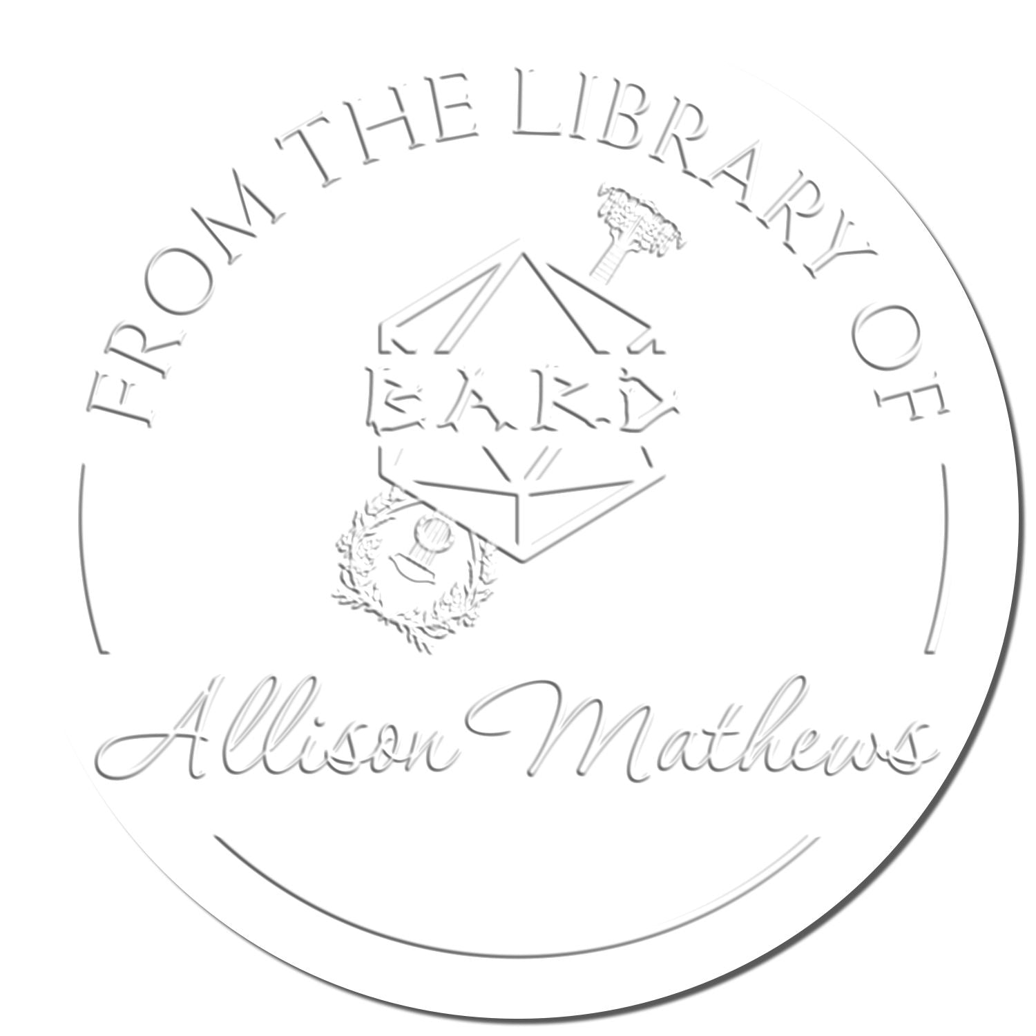 White circular library stamp and seal with embossed silver text: From the Library of Allison Mathews and an open book icon.