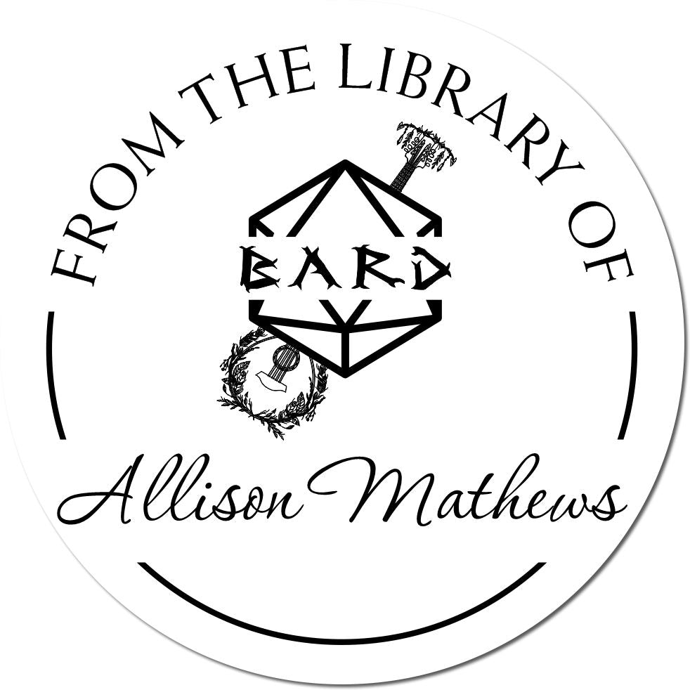 Round white library stamp seal with black text, geometric book emblem, laurel detail, and Allison Mathews in script.