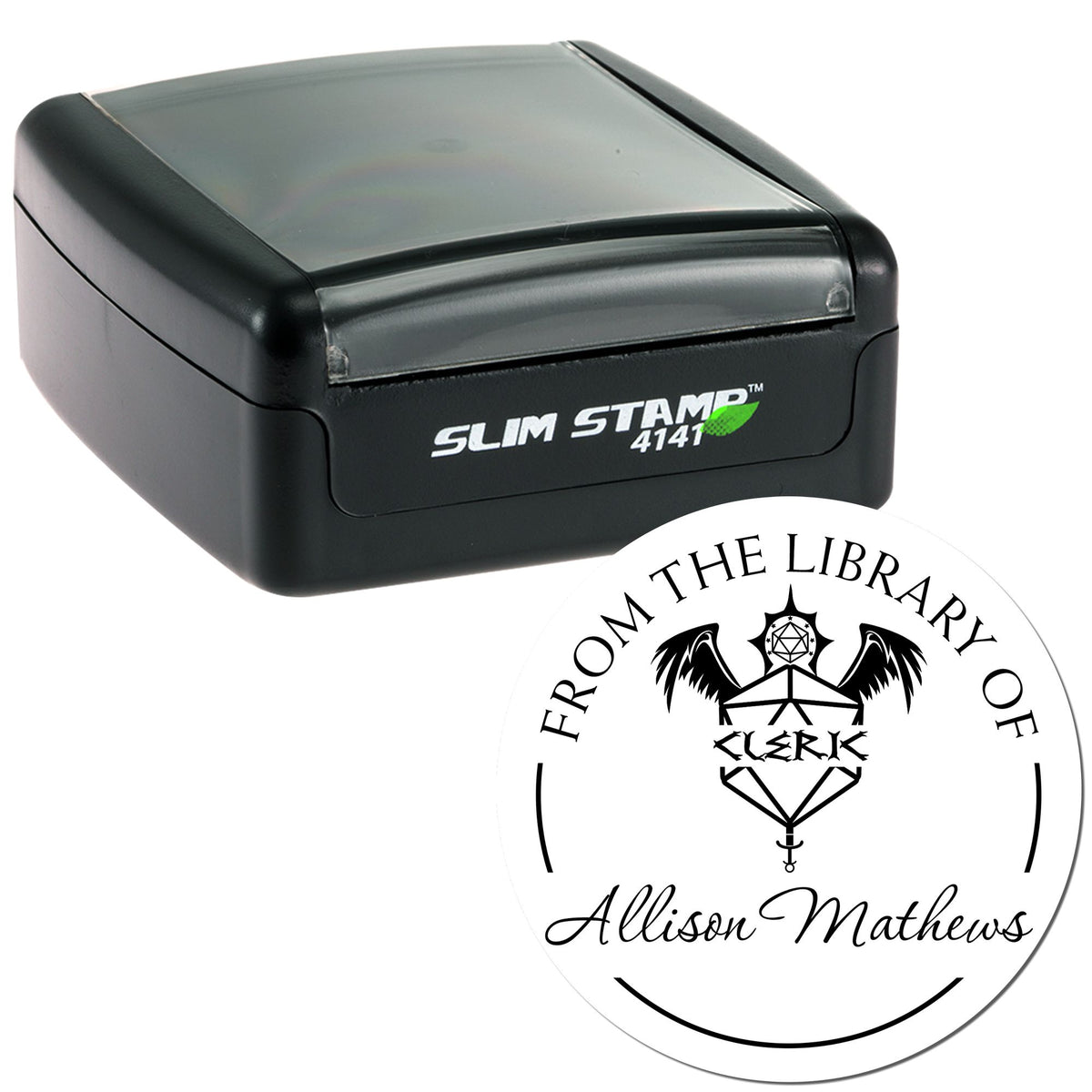 Black Slim Stamp 4141 with clear top and white circular library seal with black text and emblem.