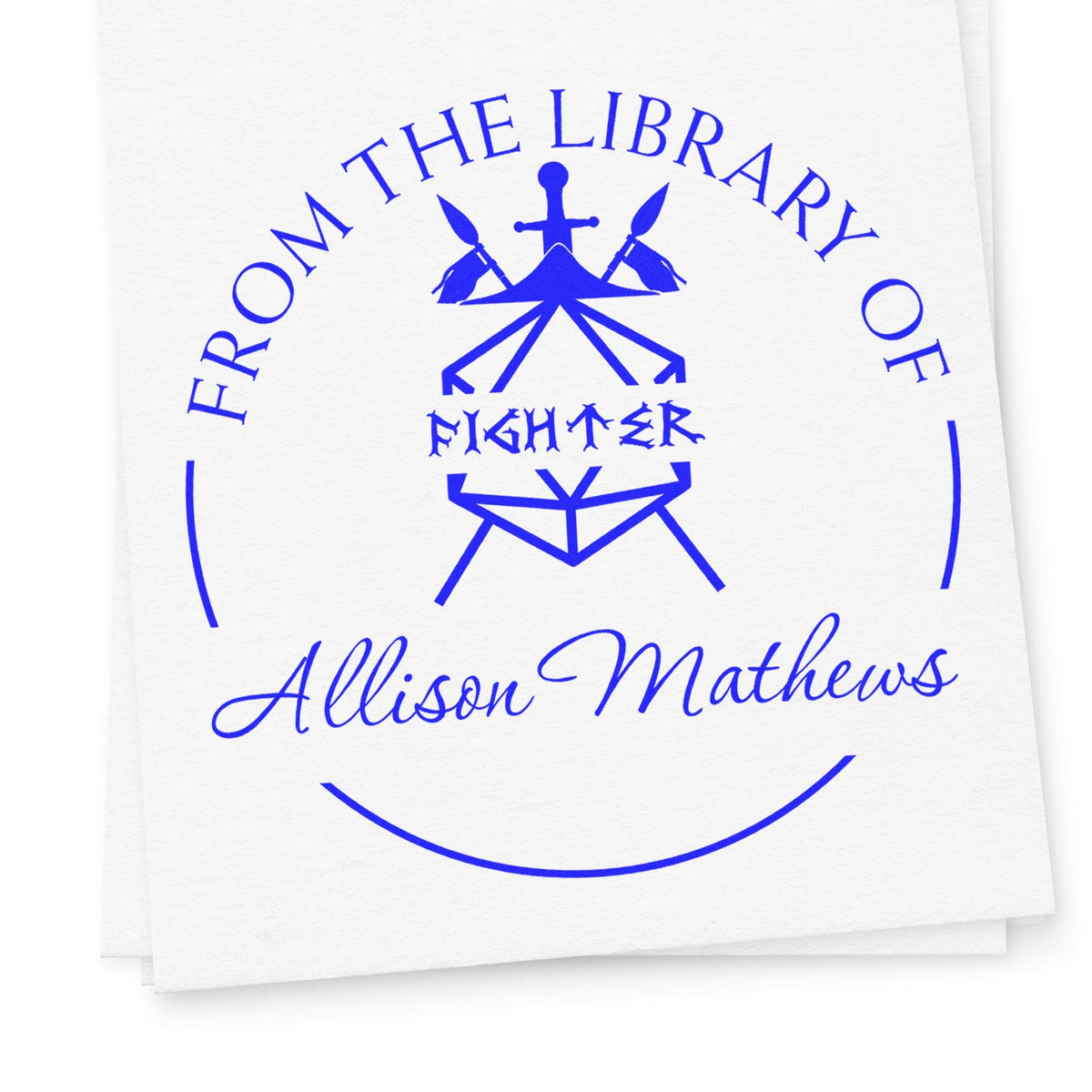 Blue custom library stamp seal with star emblem, crossed paintbrushes, and text From the Library of Fighter Allison Mathews.