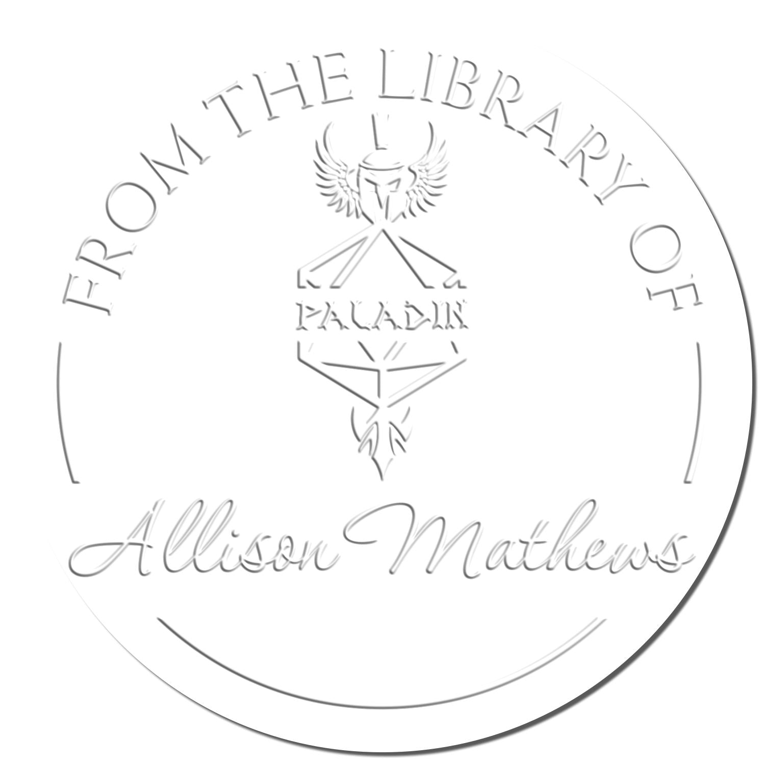 White circular library stamp seal with gray embossed text, winged emblem, and the name Allison Mathews.
