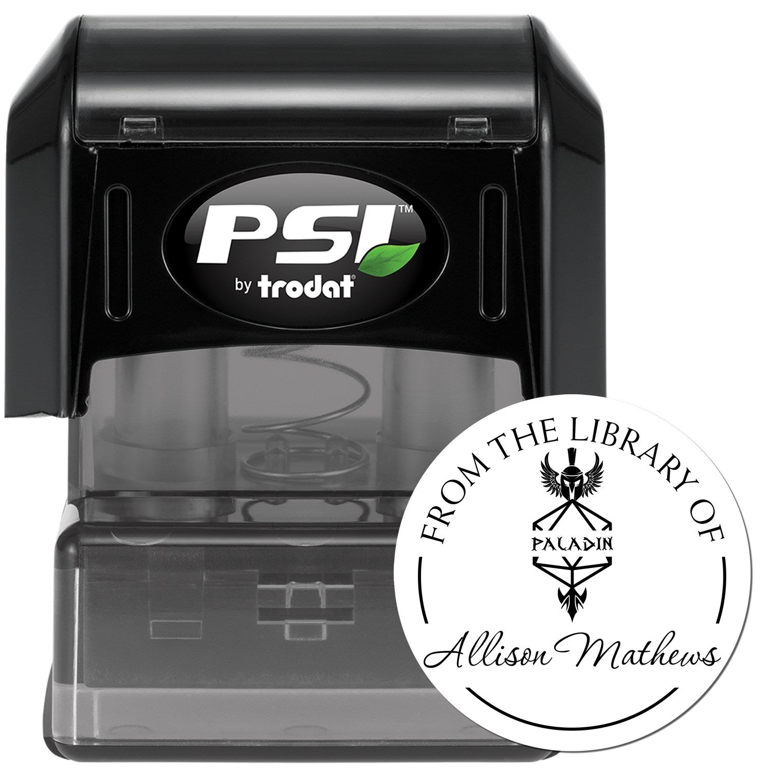 Black PSI by Trodat self-inking stamp with custom round library seal, white face, black text, and name Allison Mathews.
