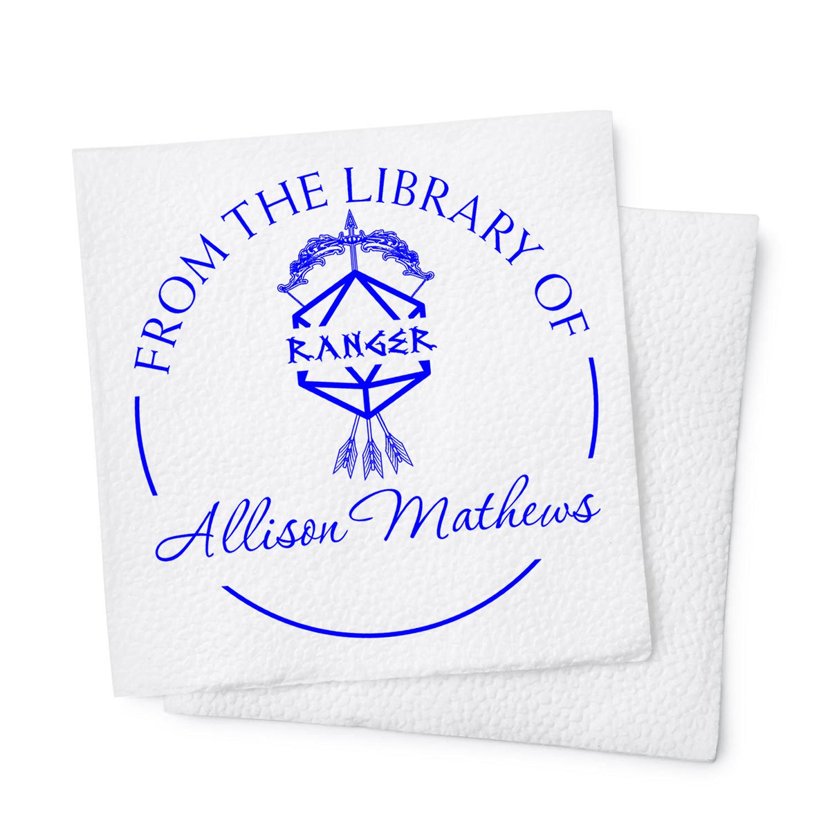 Blue custom library stamp seal on textured white paper reading ĀFrom the Library of Ranger Allison Mathews,Ā with arrowhead emblem.