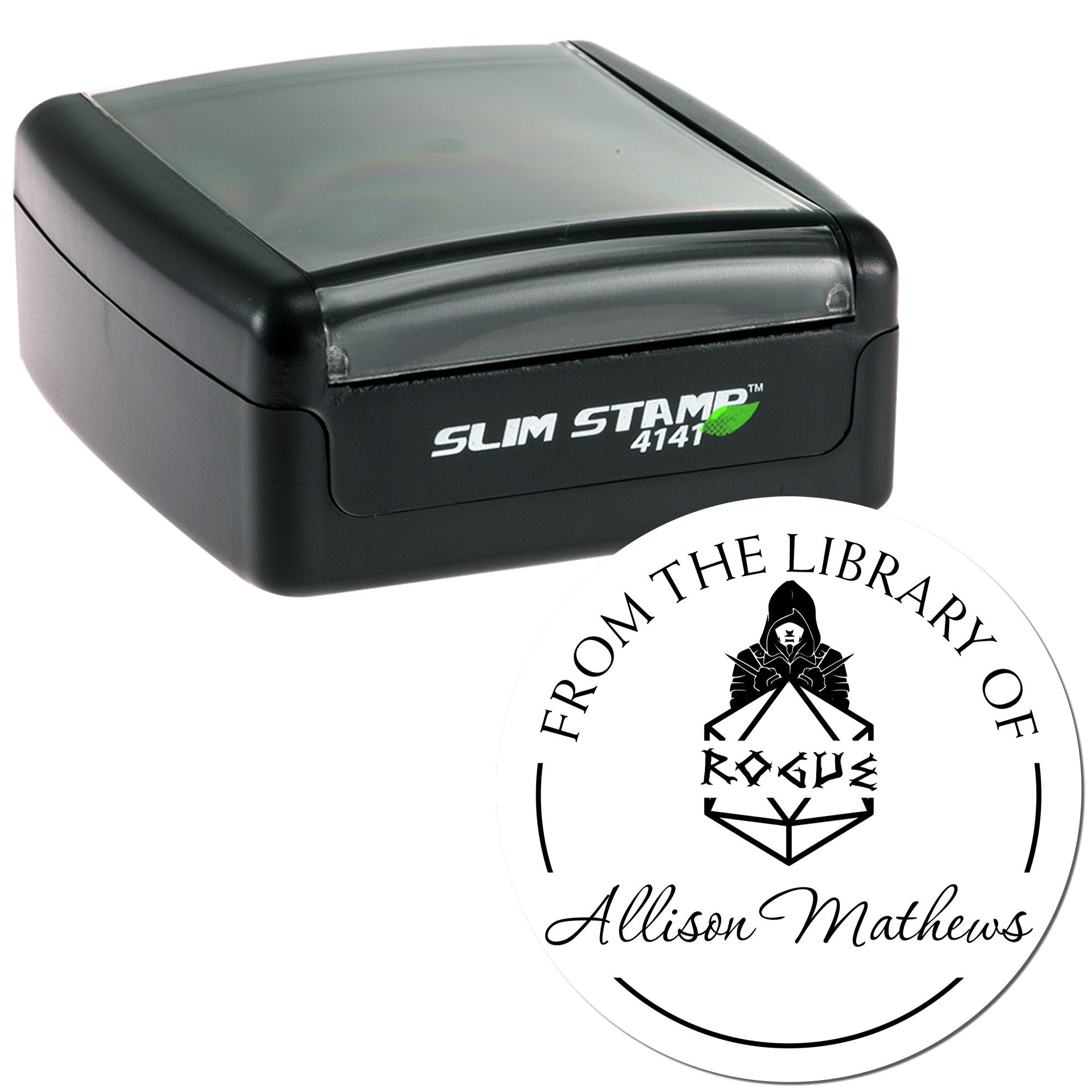 Black self-inking Slim Stamp 4141 with translucent gray top and white custom seal featuring black text and hooded emblem.